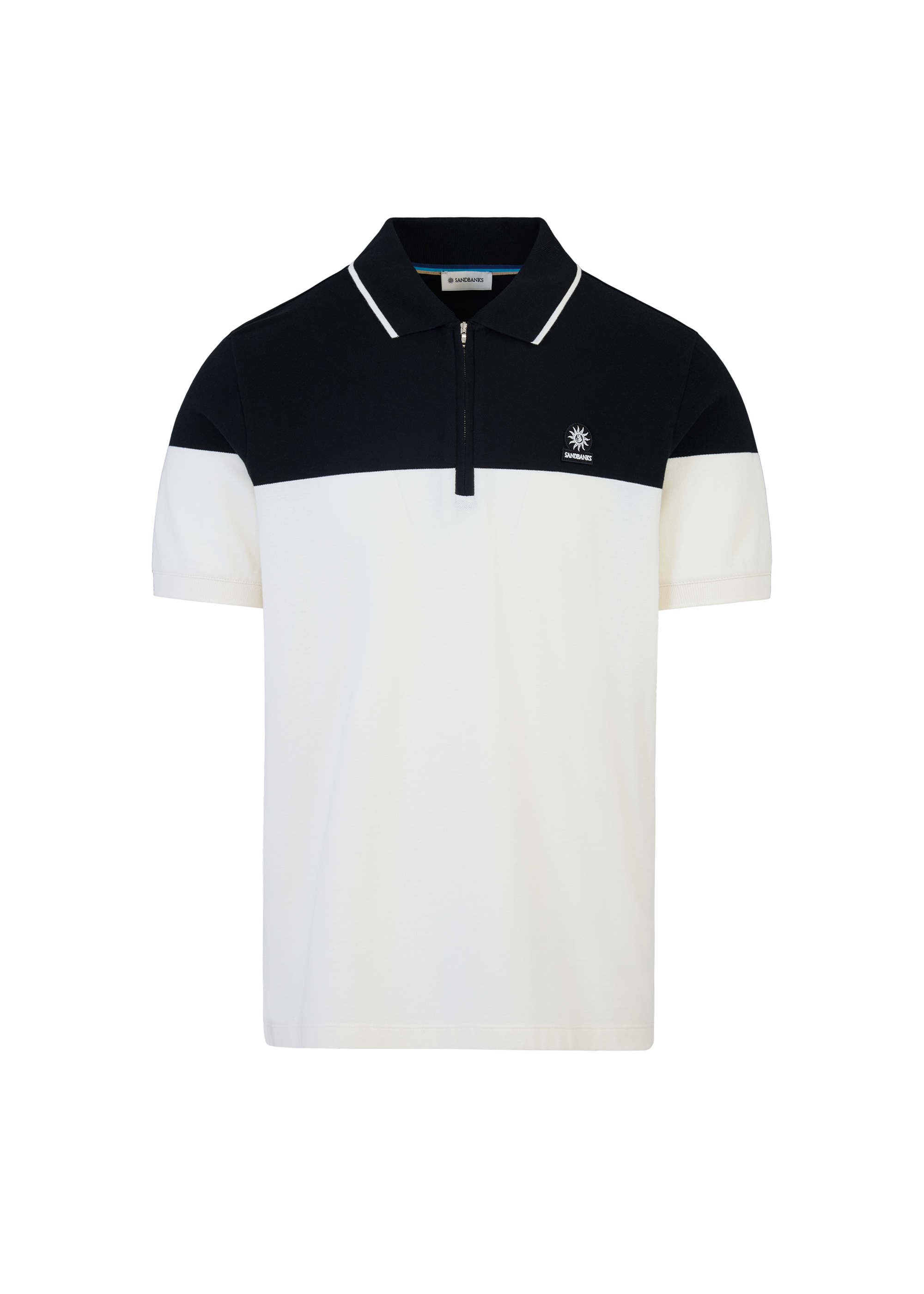 Colour Block Zip Polo Shirt - Ecru/Black