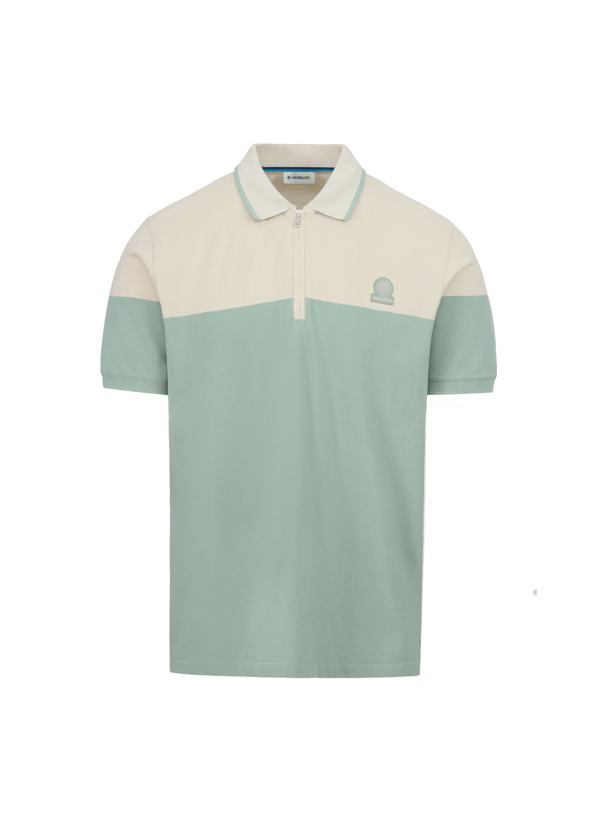 Colour Block Zip Polo Shirt - Stone/Sage