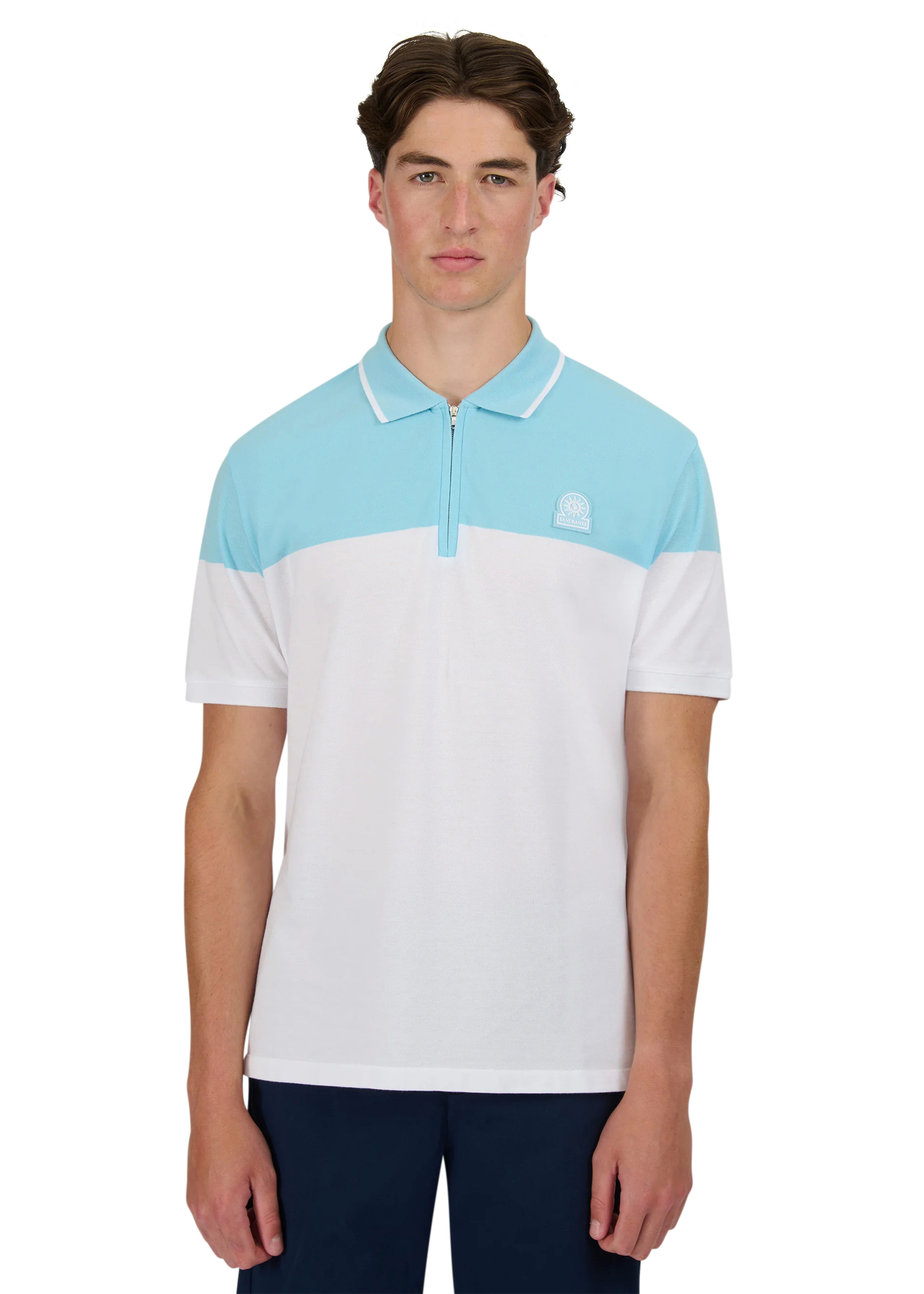 Sandbanks Colour Block Zip Polo Shirt - Crystal Blue