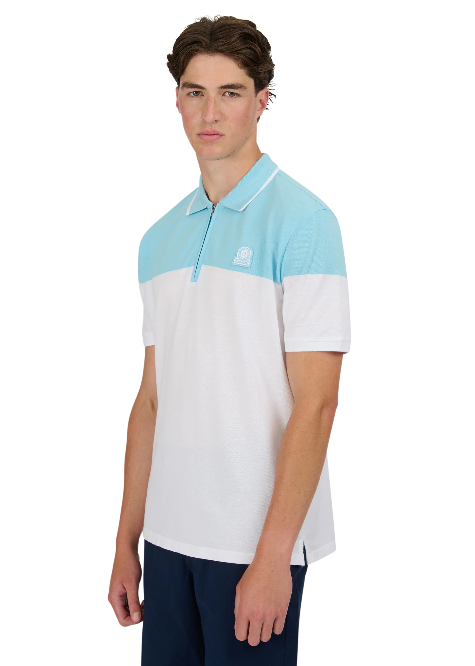 Sandbanks Colour Block Zip Polo Shirt - Crystal Blue