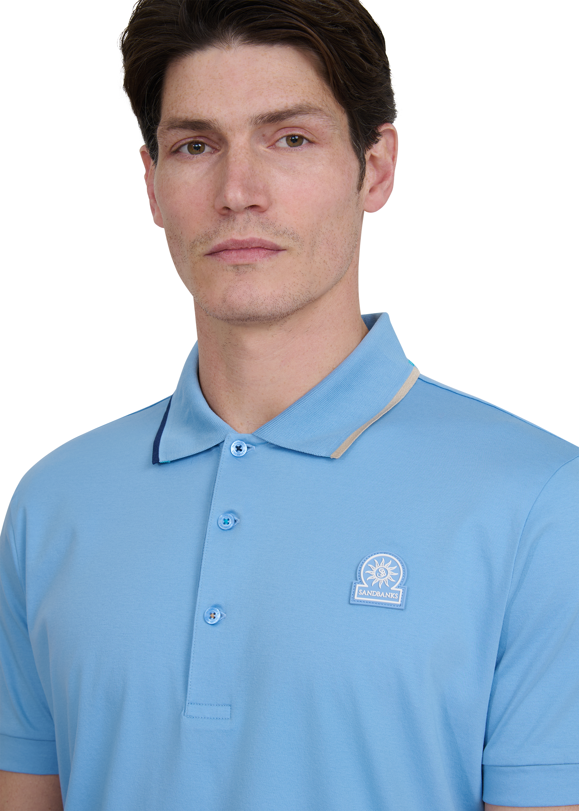Tri-Colour Tipped 3-Button Polo Shirt - Dusty Blue