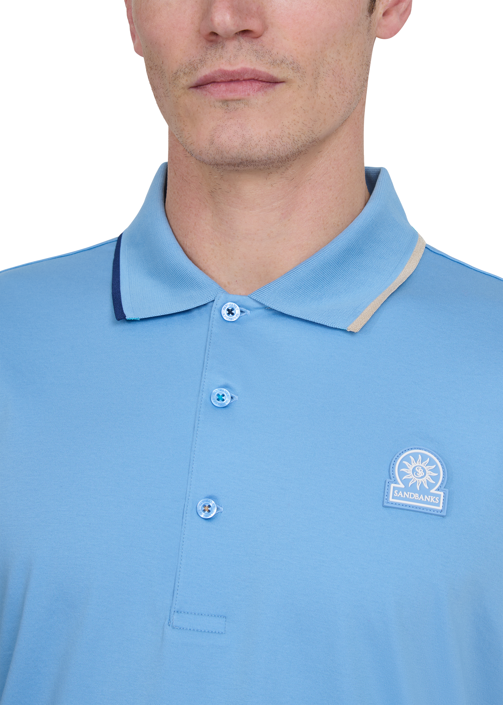 Tri-Colour Tipped 3-Button Polo Shirt - Dusty Blue