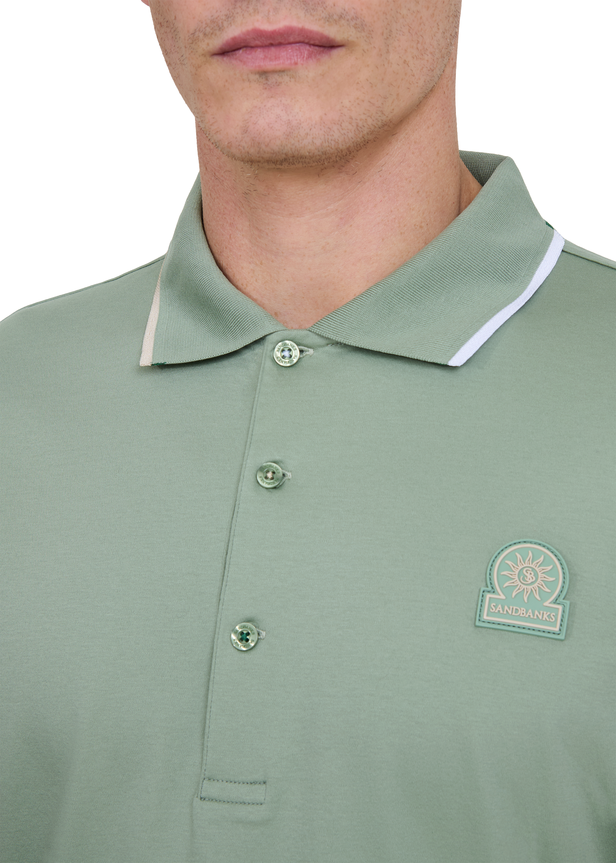 Tri-Colour Tipped 3-Button Polo Shirt - Sage