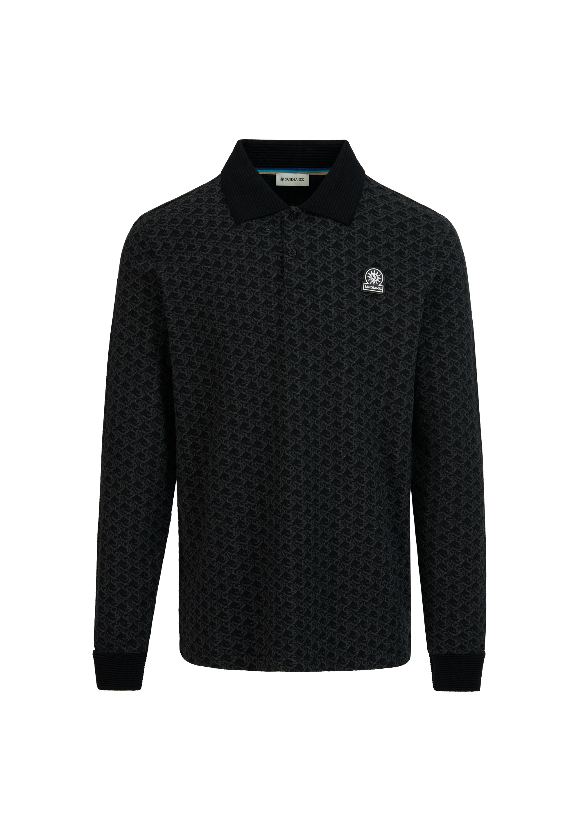 Sandbanks Jacquard Monogram Long Sleeve Polo - Black