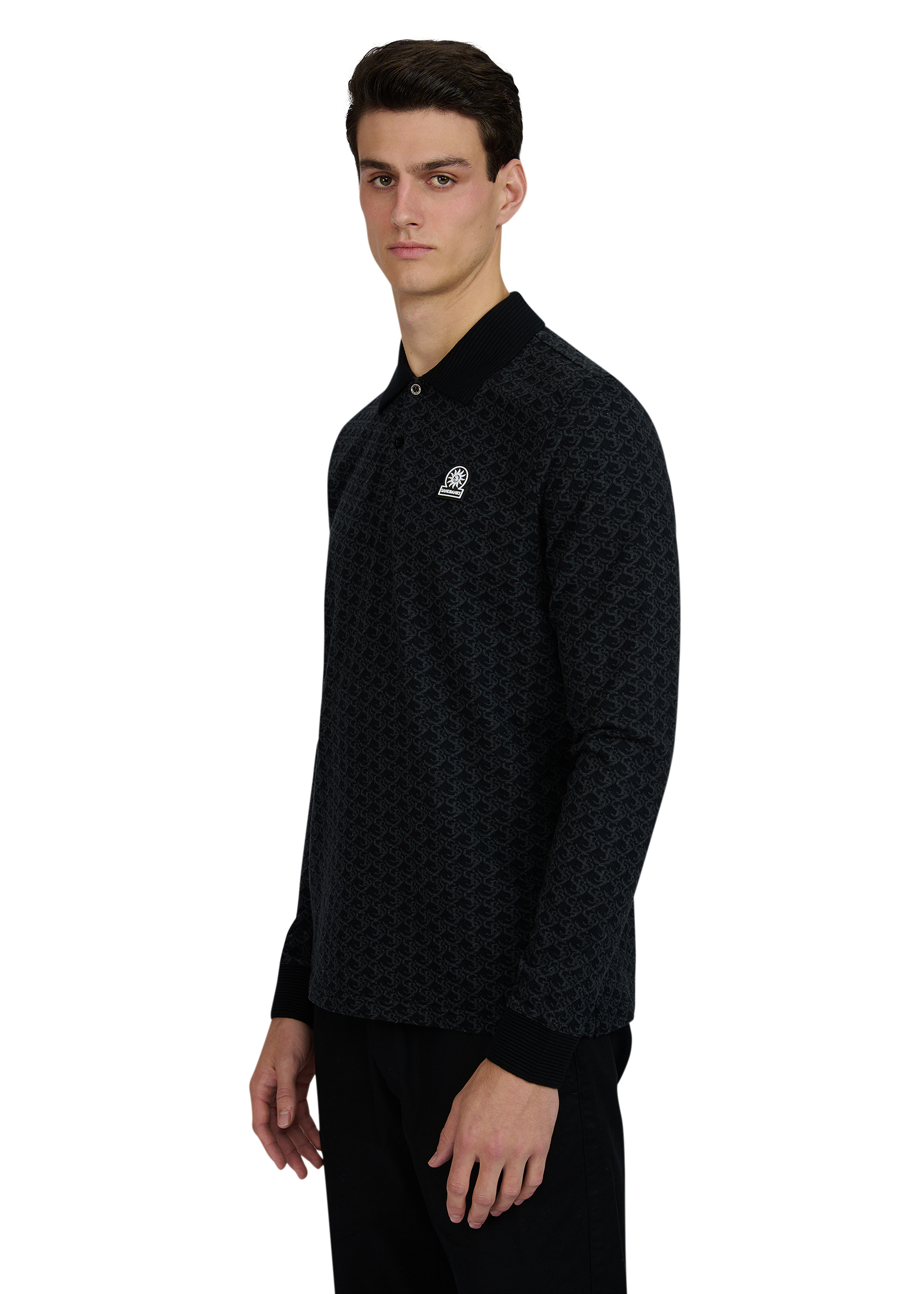 Sandbanks Jacquard Monogram Long Sleeve Polo - Black