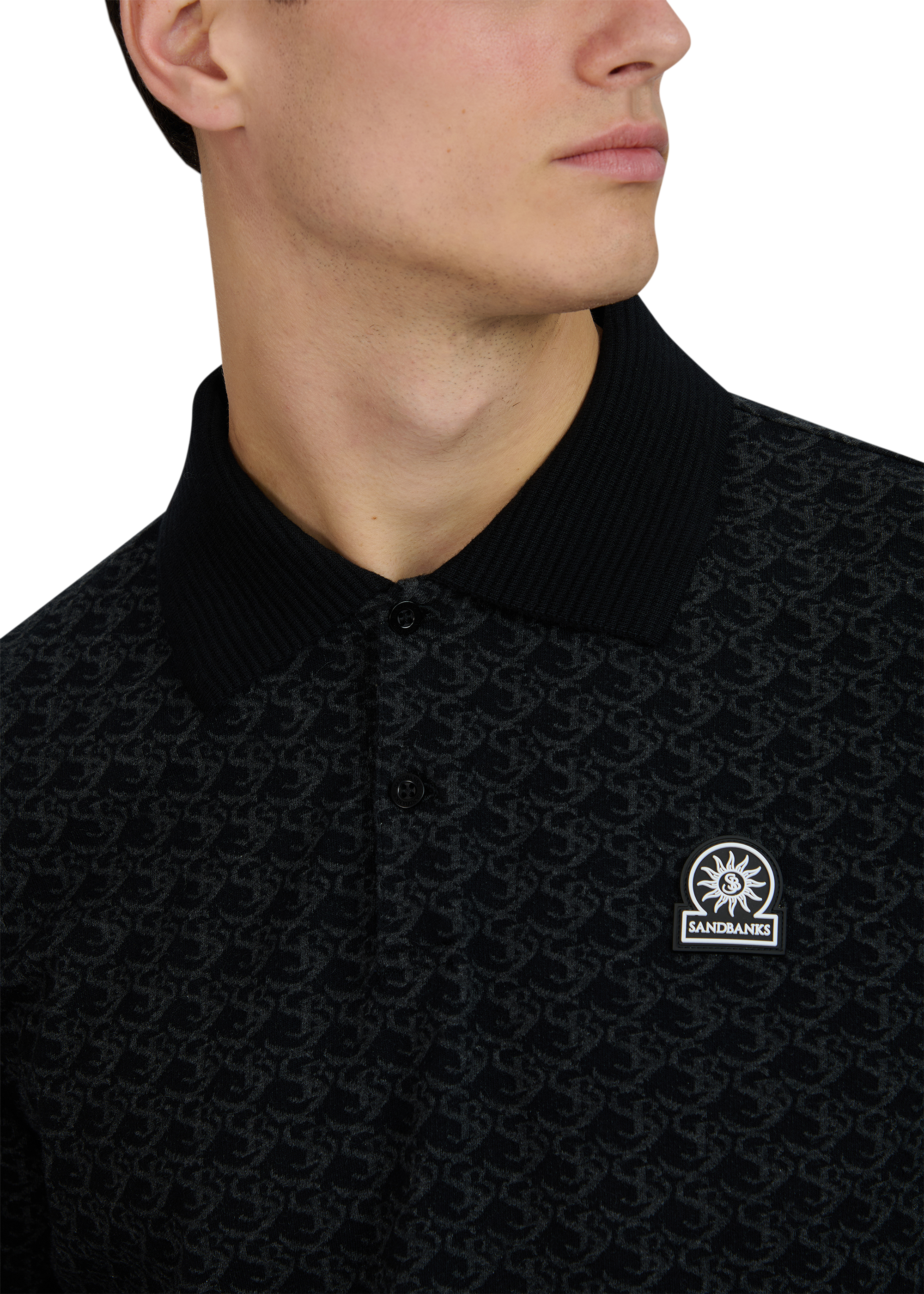 Sandbanks Jacquard Monogram Long Sleeve Polo - Black