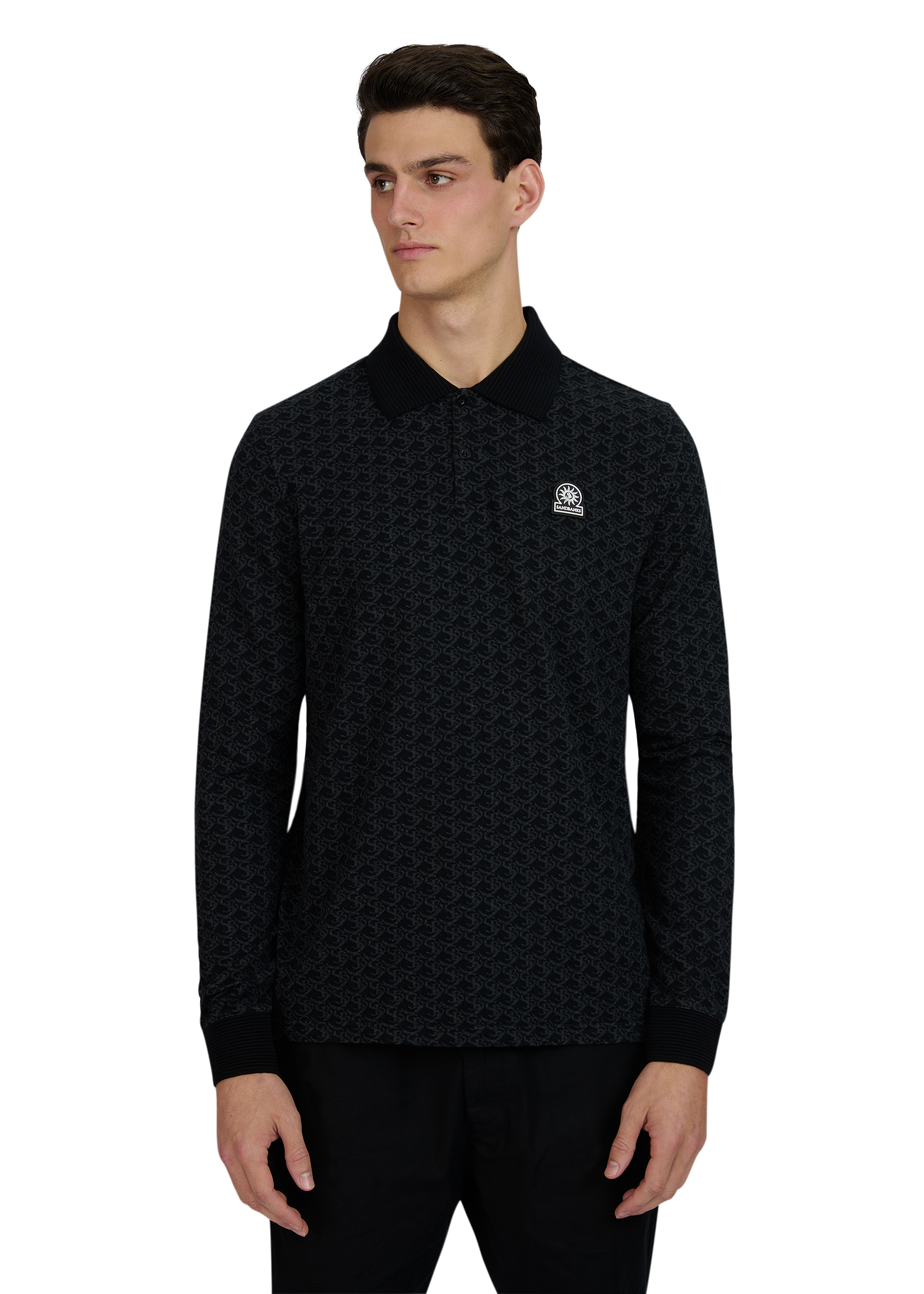 Sandbanks Jacquard Monogram Long Sleeve Polo - Black