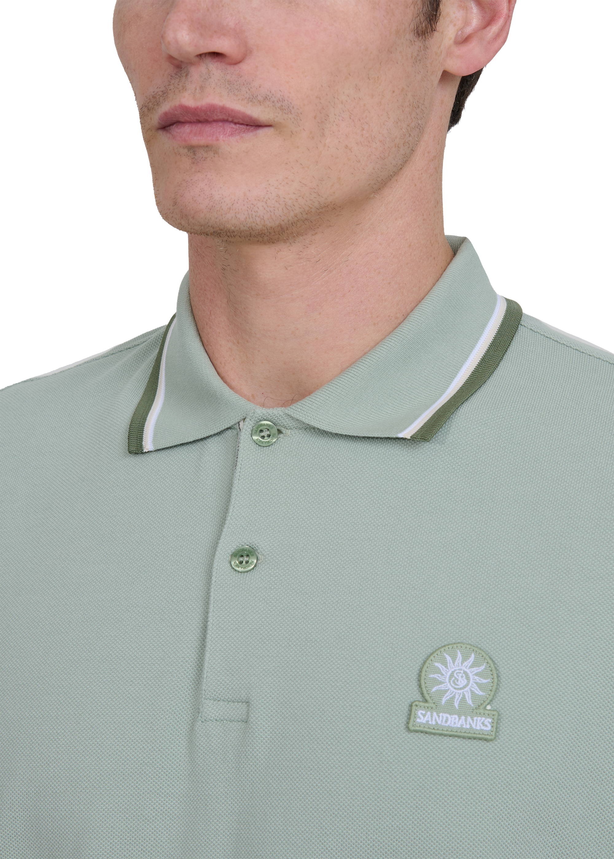 Sandbanks Stripe Tape Placket Polo - Sage