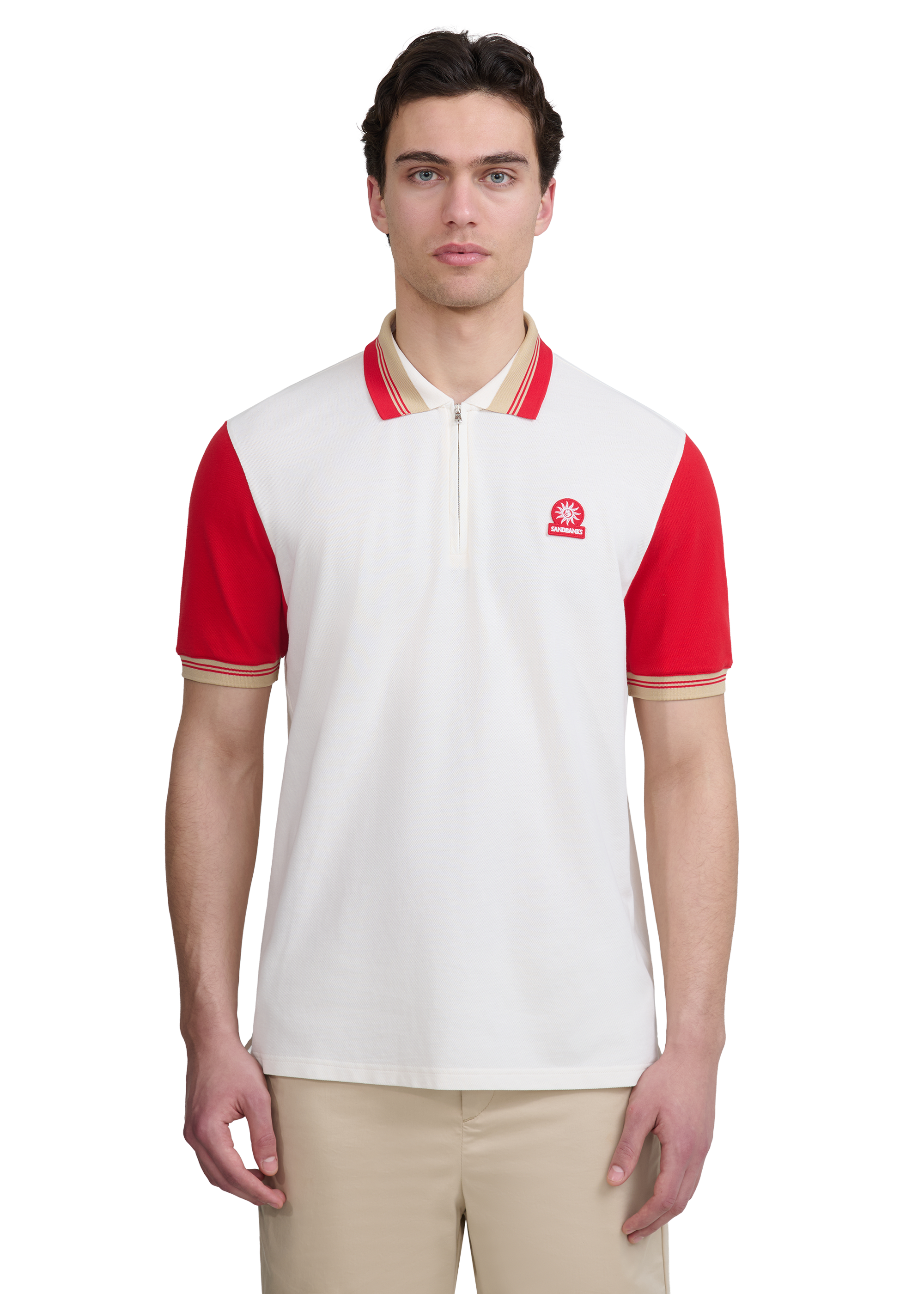 Contrast Sleeve and Collar Zip Polo Shirt - Red