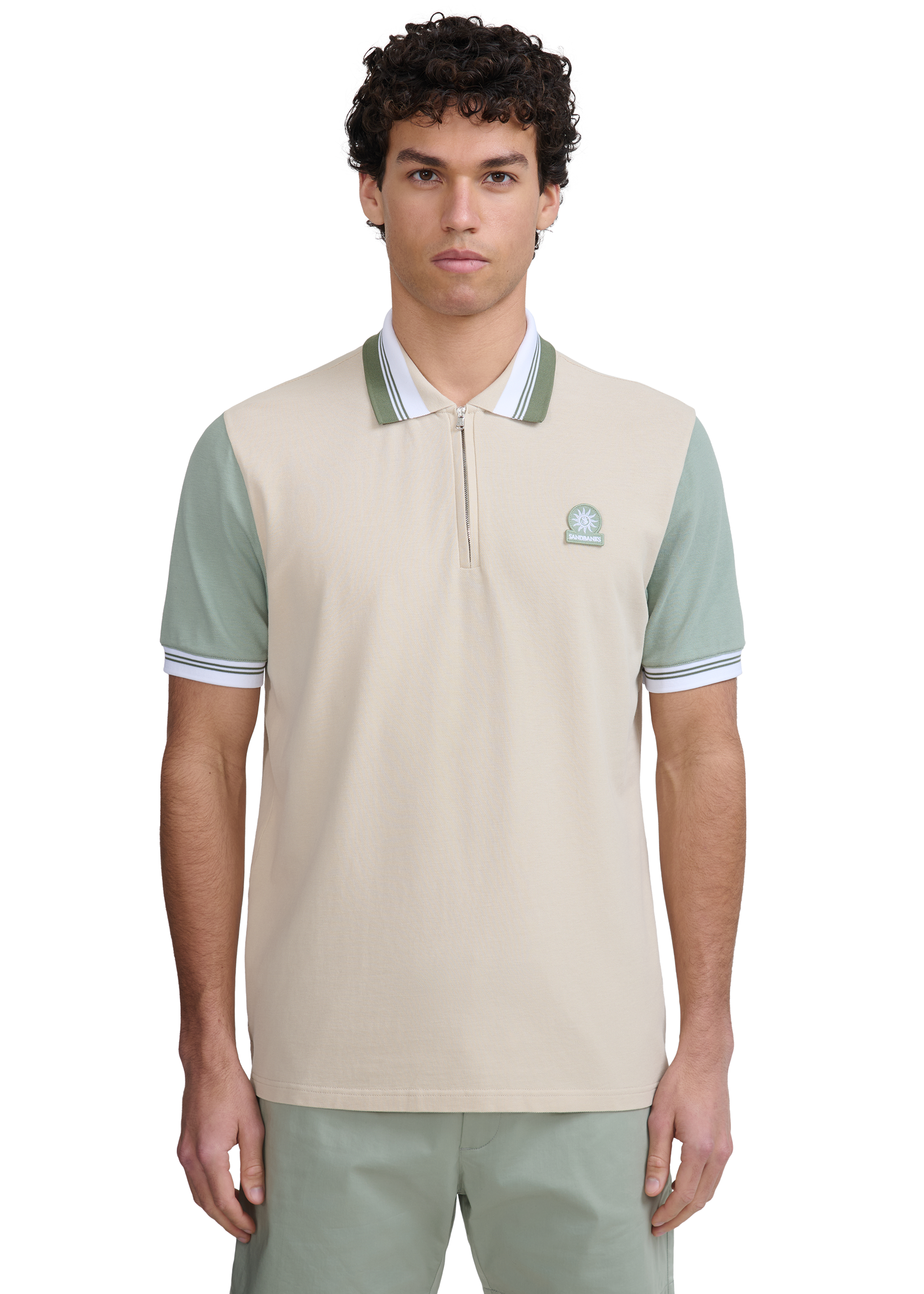Contrast Sleeve and Collar Zip Polo Shirt - Stone