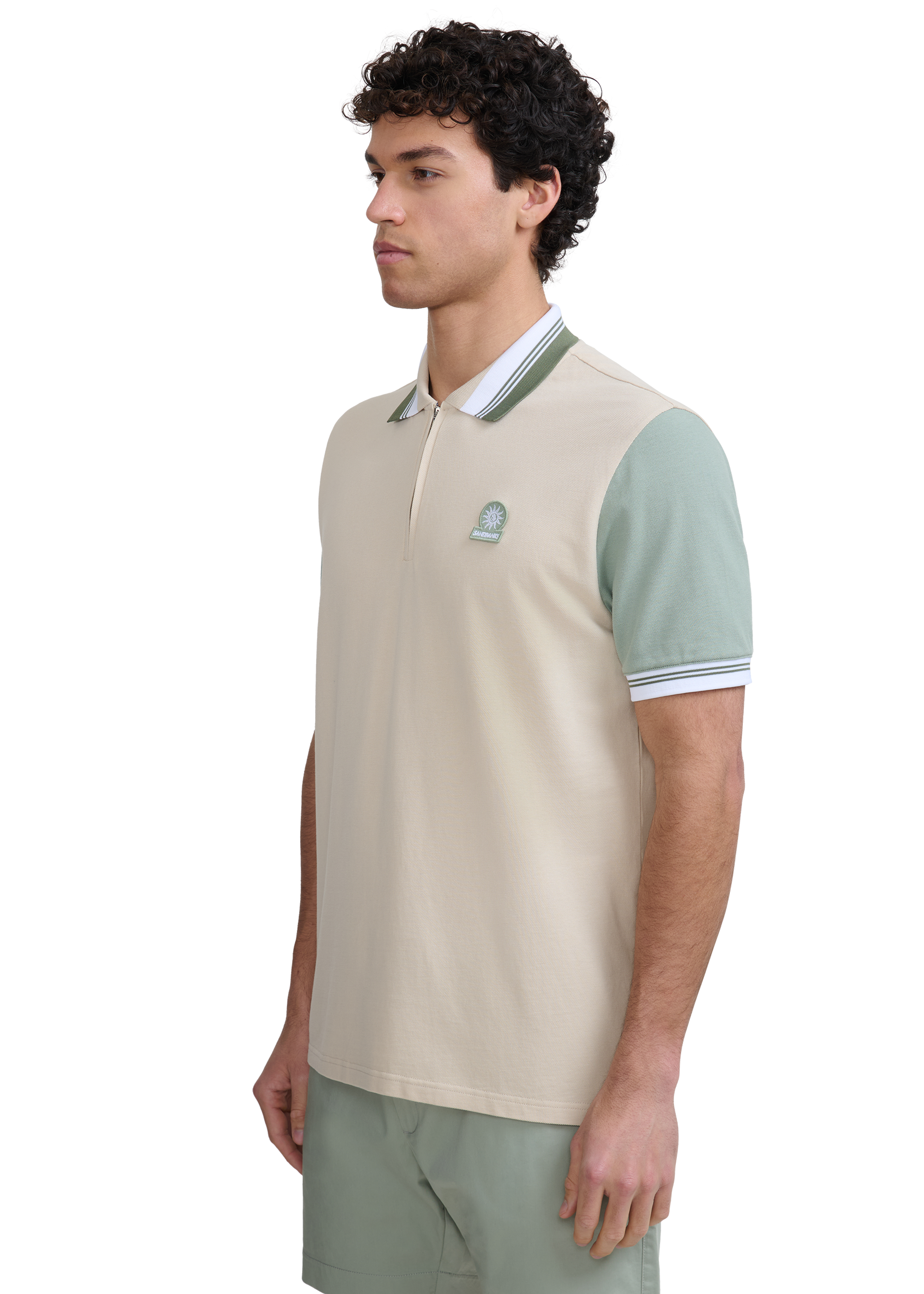 Contrast Sleeve and Collar Zip Polo Shirt - Stone