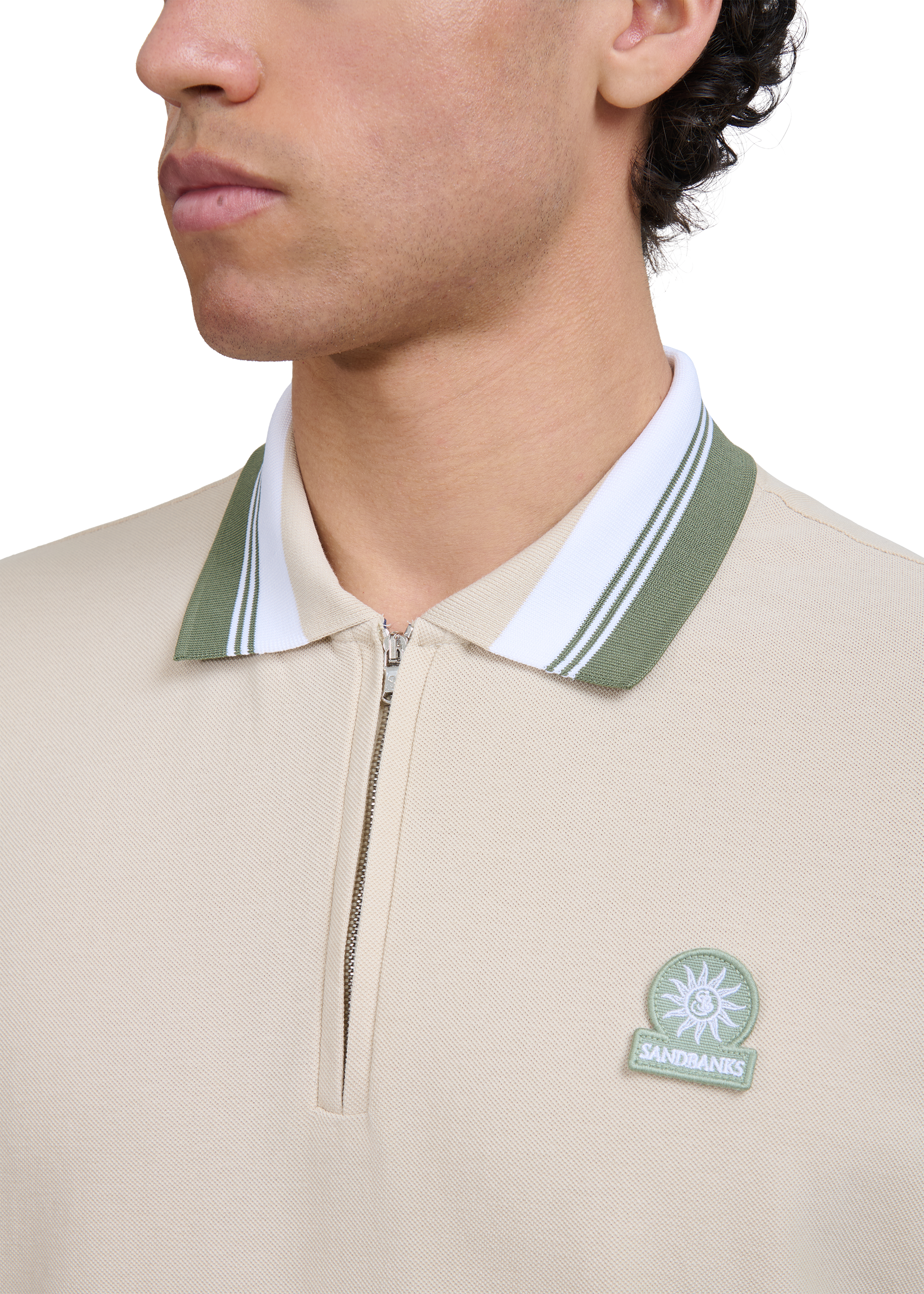 Contrast Sleeve and Collar Zip Polo Shirt - Stone