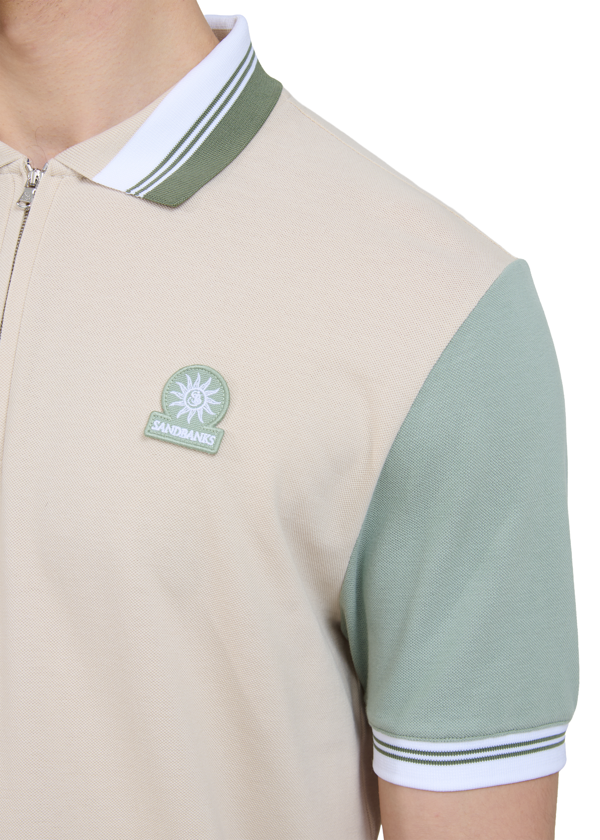 Contrast Sleeve and Collar Zip Polo Shirt - Stone