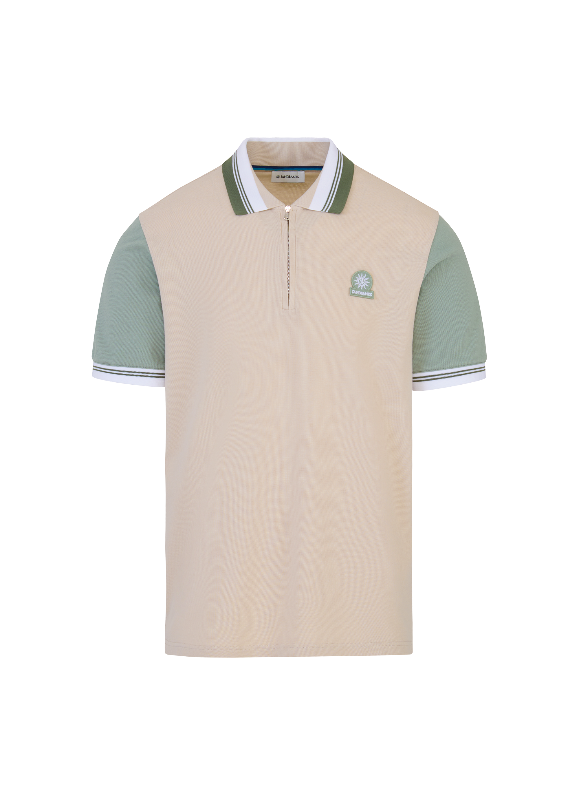 Contrast Sleeve and Collar Zip Polo Shirt - Stone