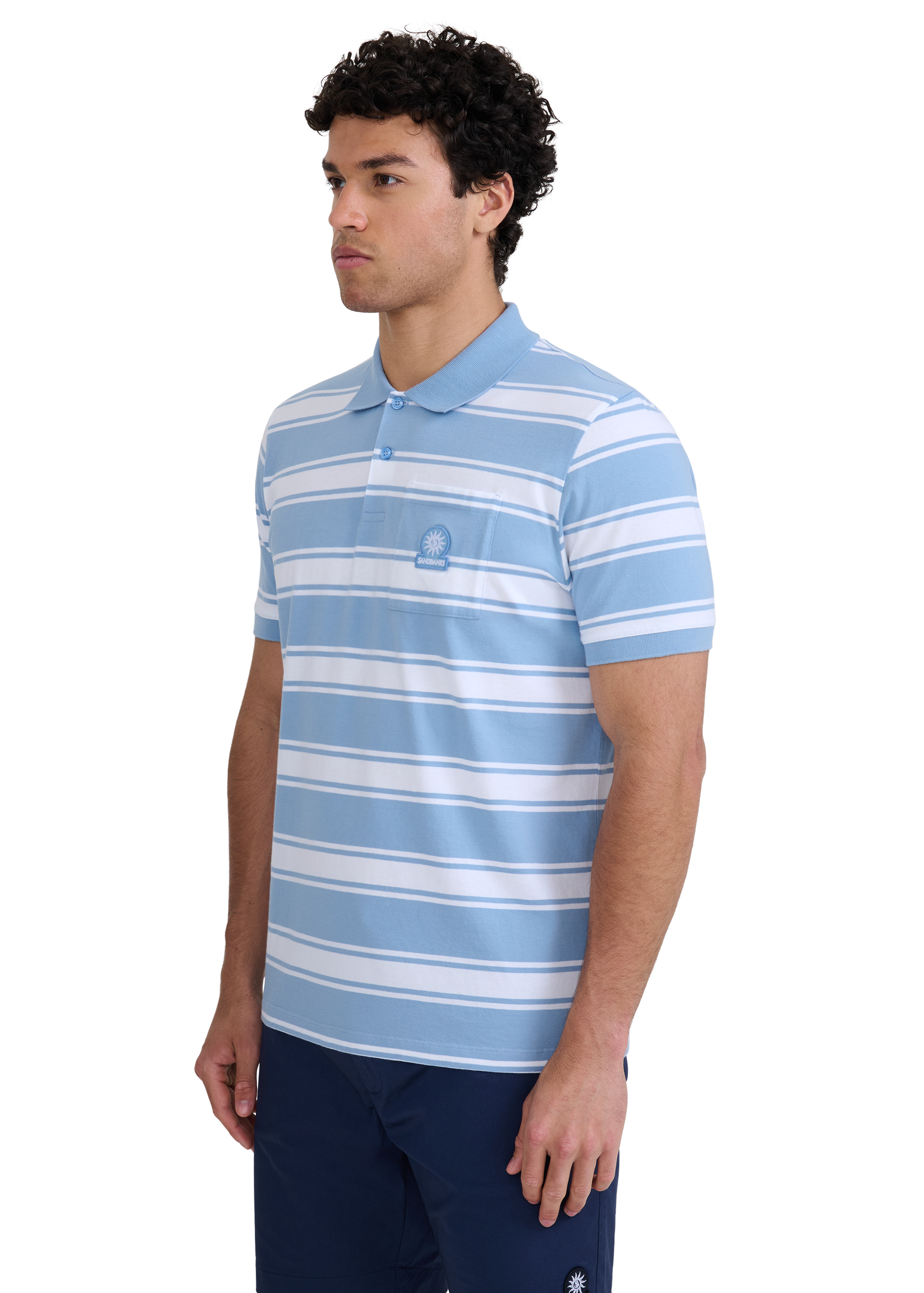 Stripe Pocket Cotton Polo Shirt - Dusty Blue