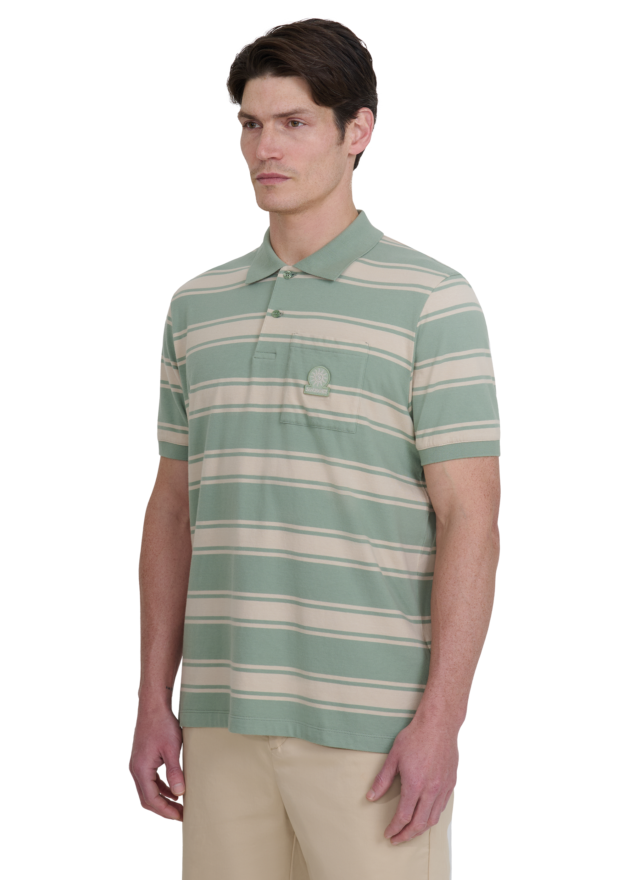 Stripe Pocket Cotton Polo Shirt - Sage