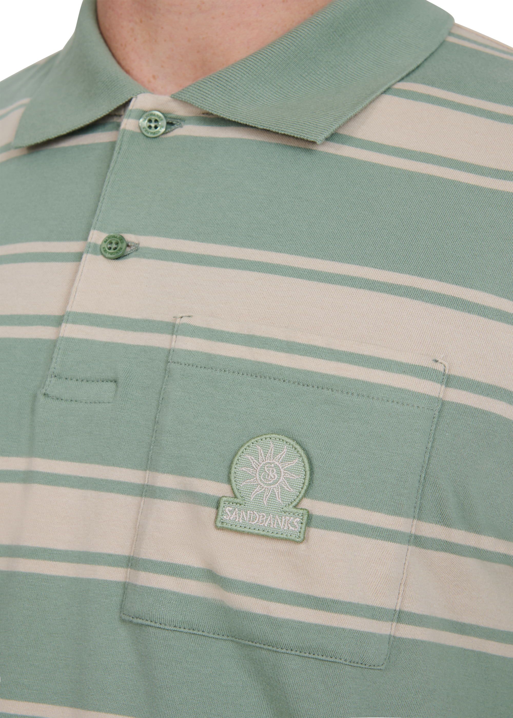 Stripe Pocket Cotton Polo Shirt - Sage
