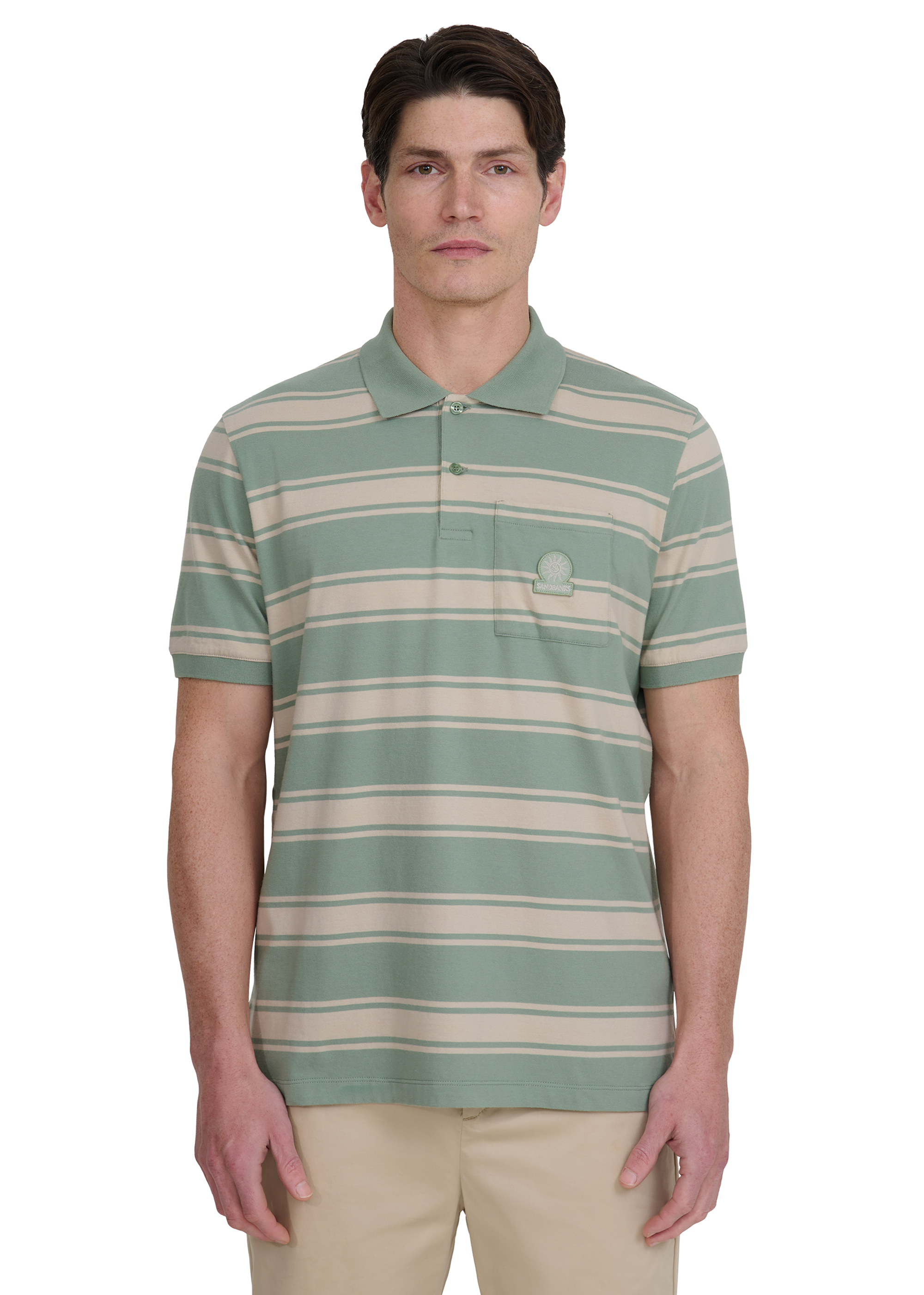 Stripe Pocket Cotton Polo Shirt - Sage