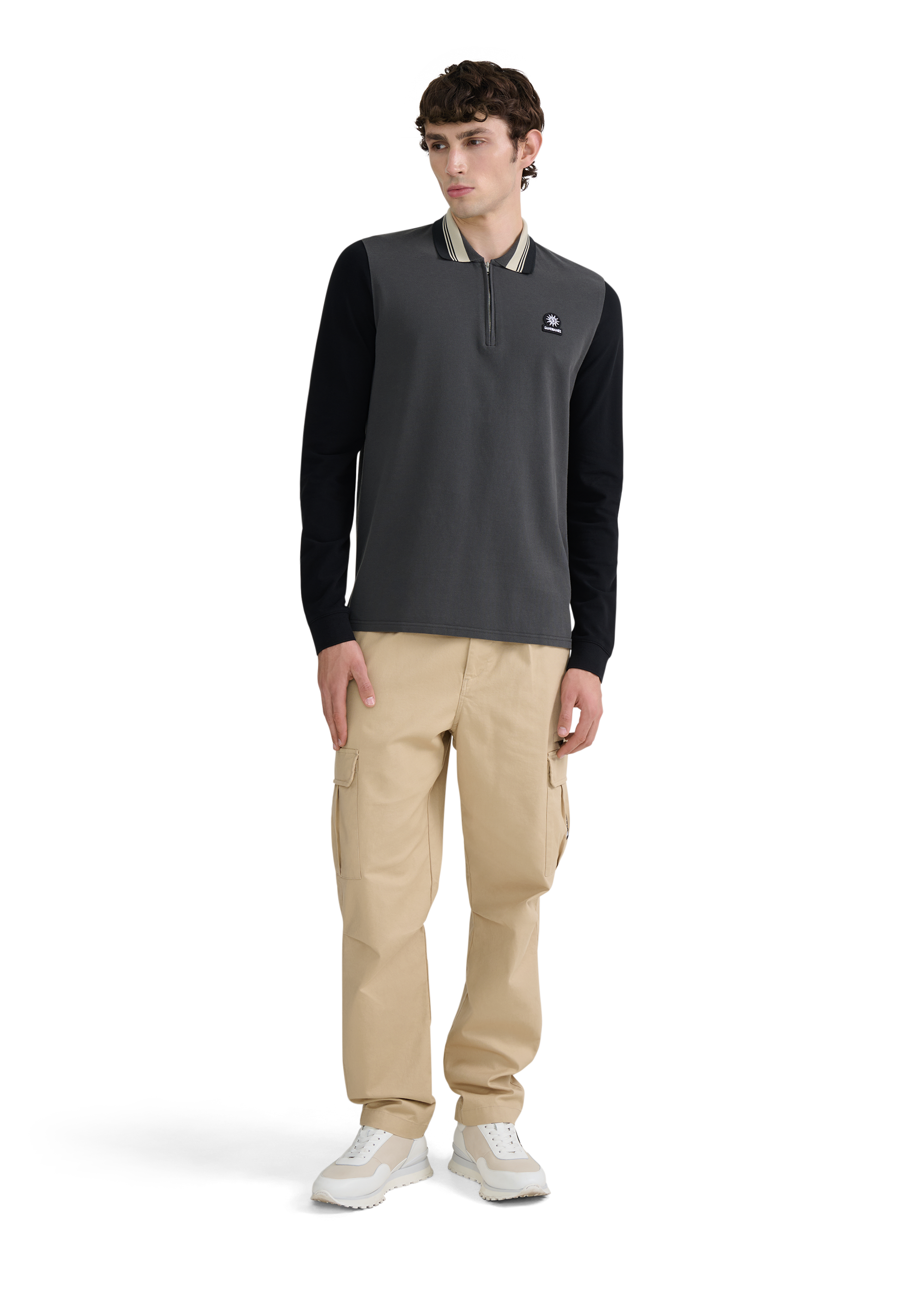 Long Sleeve Colour Block Zip Polo Shirt - Anthracite
