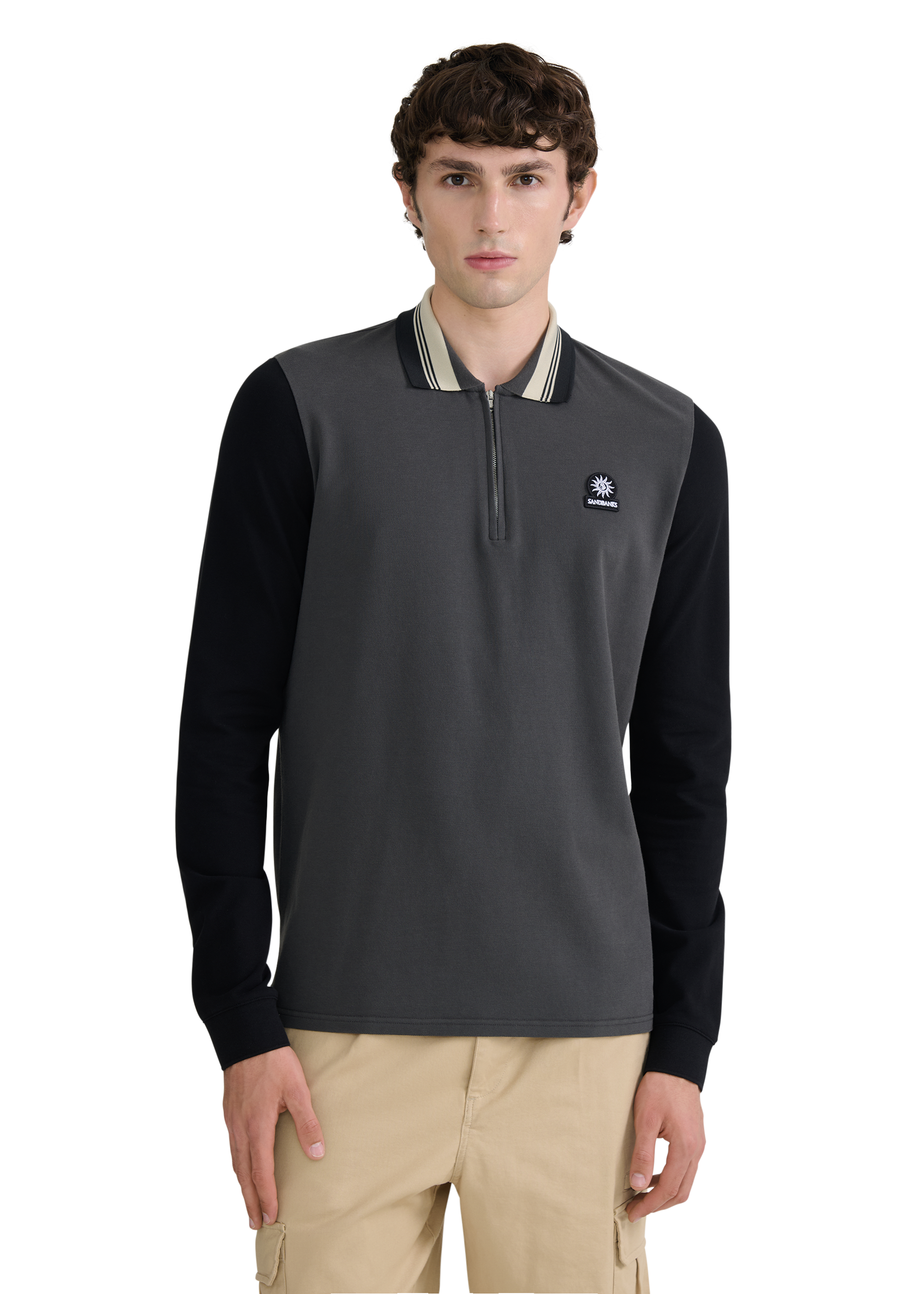 Long Sleeve Colour Block Zip Polo Shirt - Anthracite