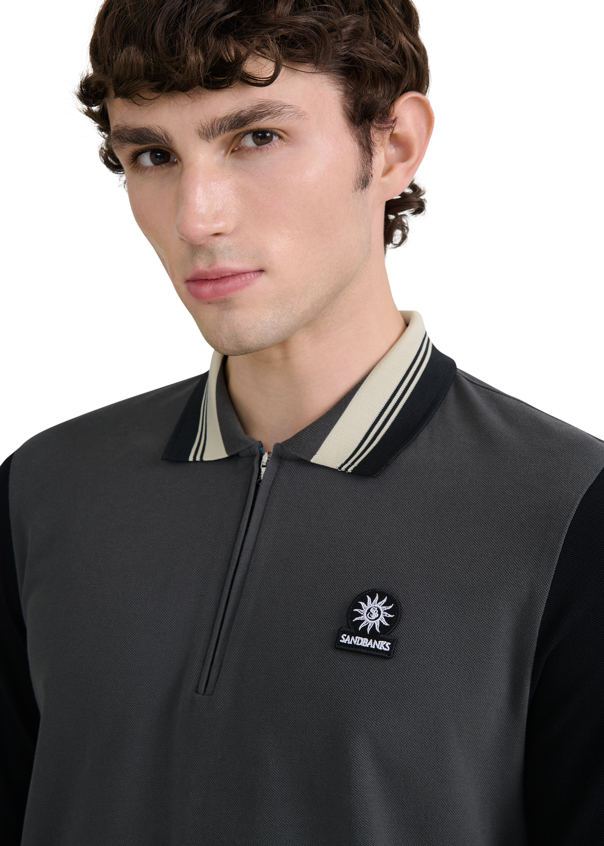 Long Sleeve Colour Block Zip Polo Shirt - Anthracite
