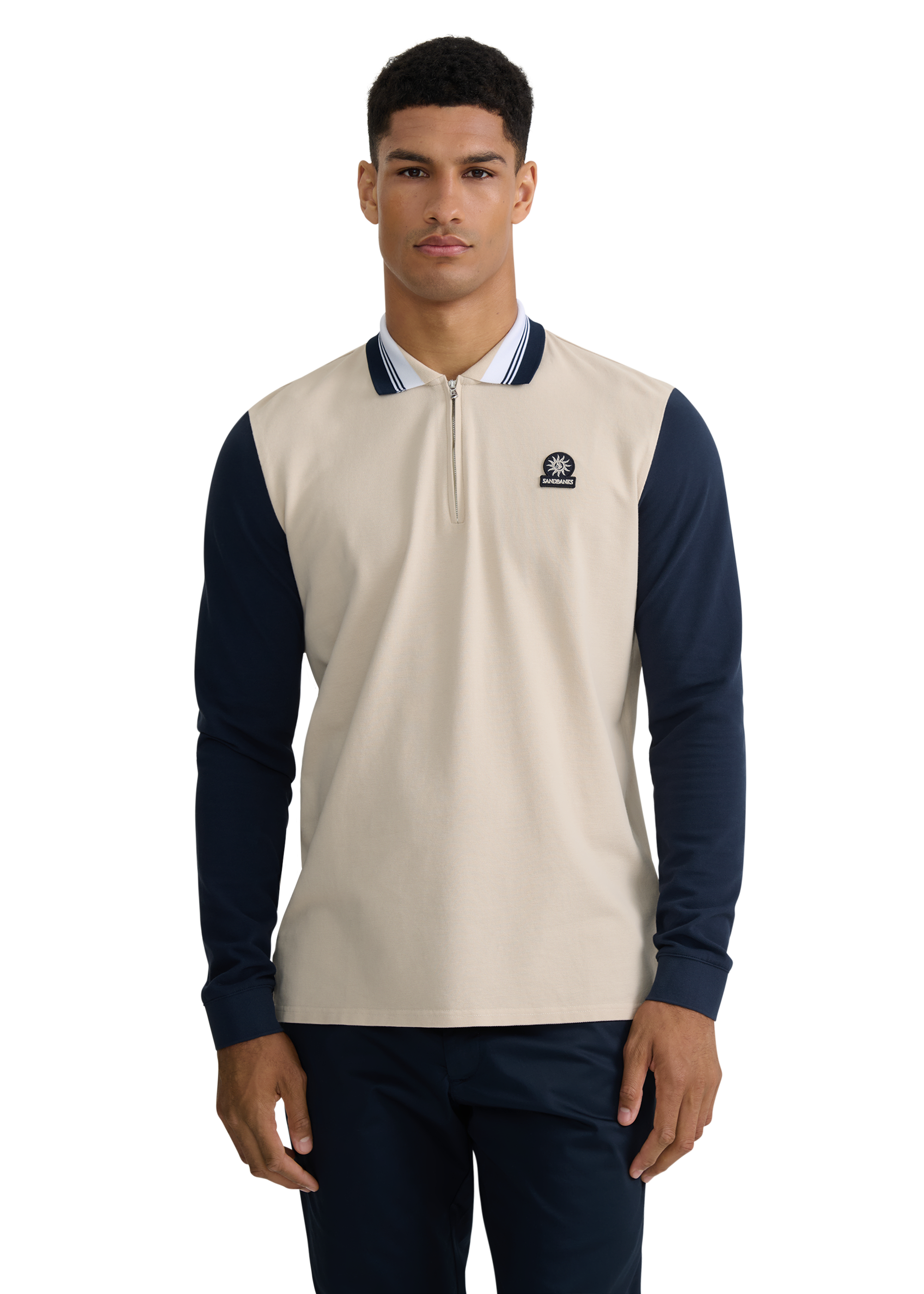 Long Sleeve Colour Block Zip Polo Shirt - Stone