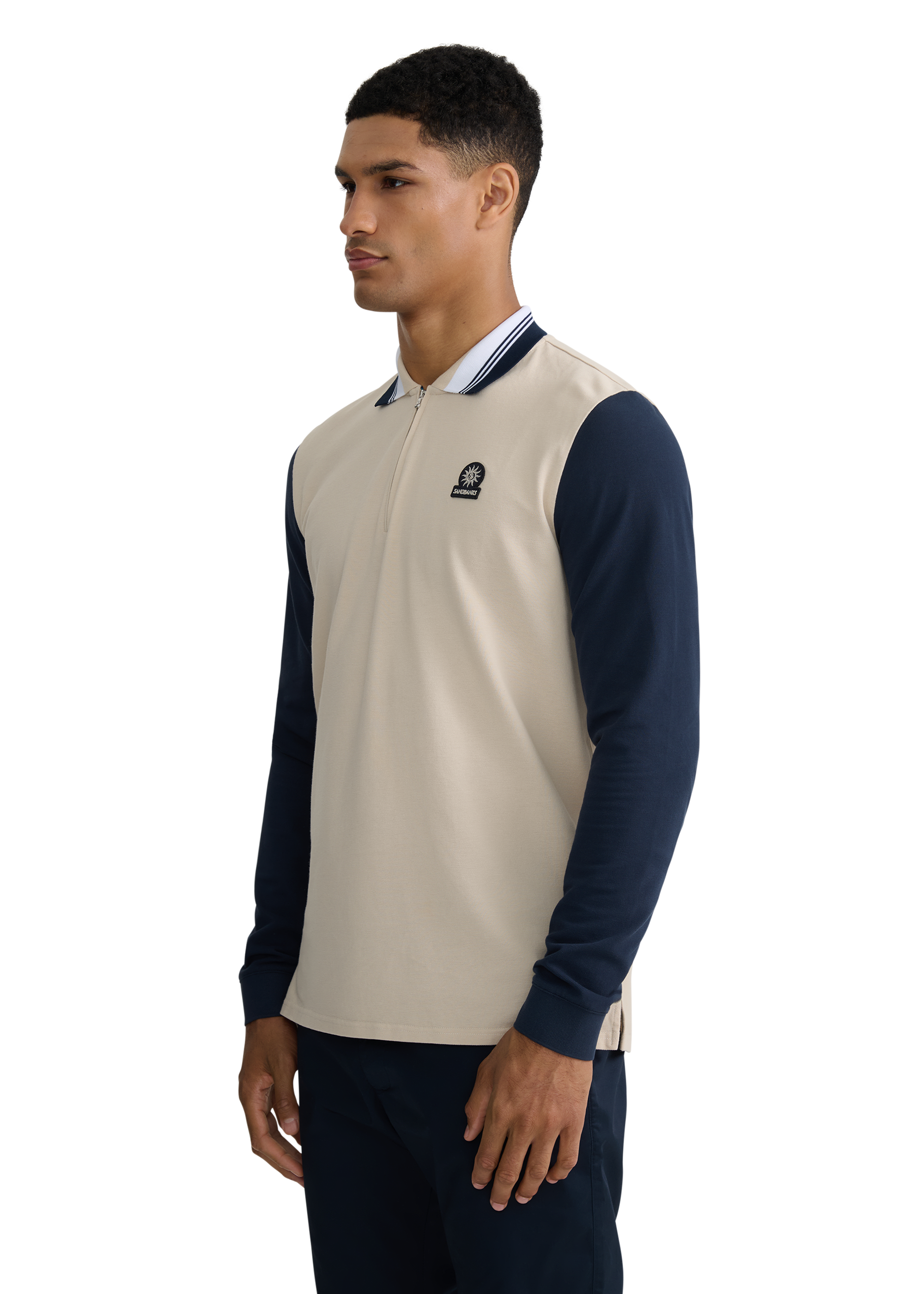 Long Sleeve Colour Block Zip Polo Shirt - Stone