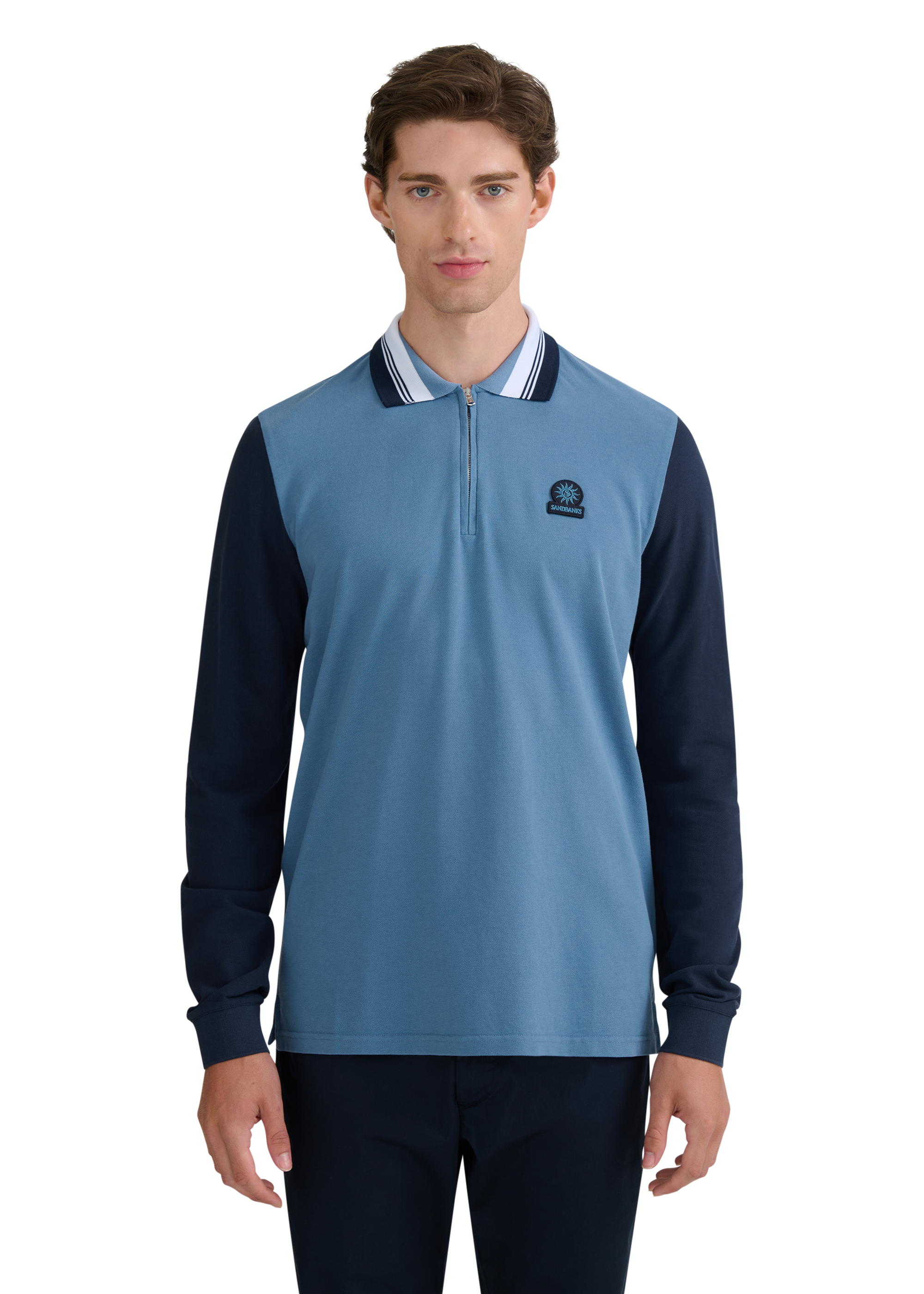 Long Sleeve Colour Block Zip Polo Shirt - Teal