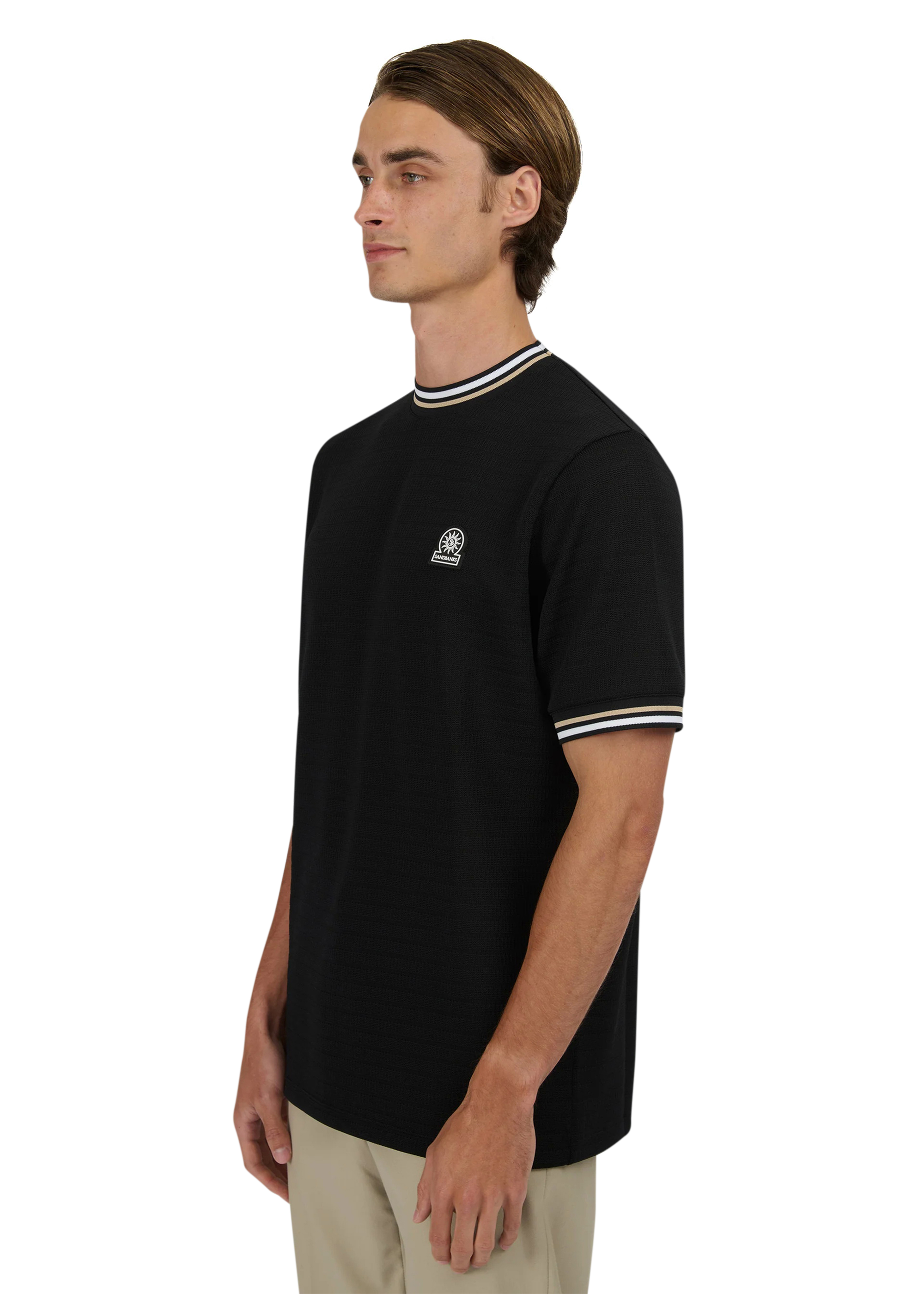 Sandbanks Jacquard T-Shirt with Striped Neck and Cuffs - Black