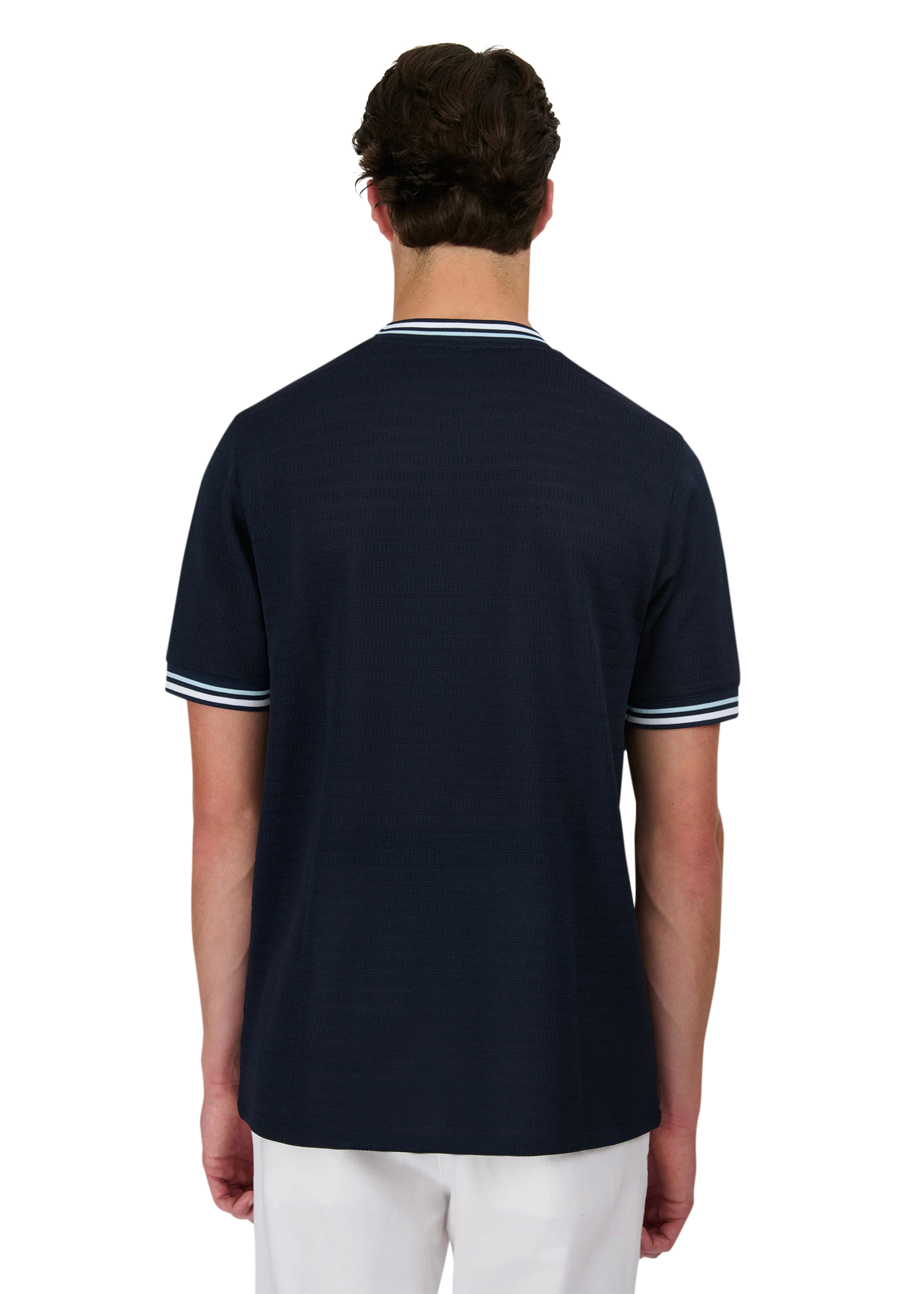 Sandbanks Jacquard T-Shirt with Striped Neck and Cuffs - Navy