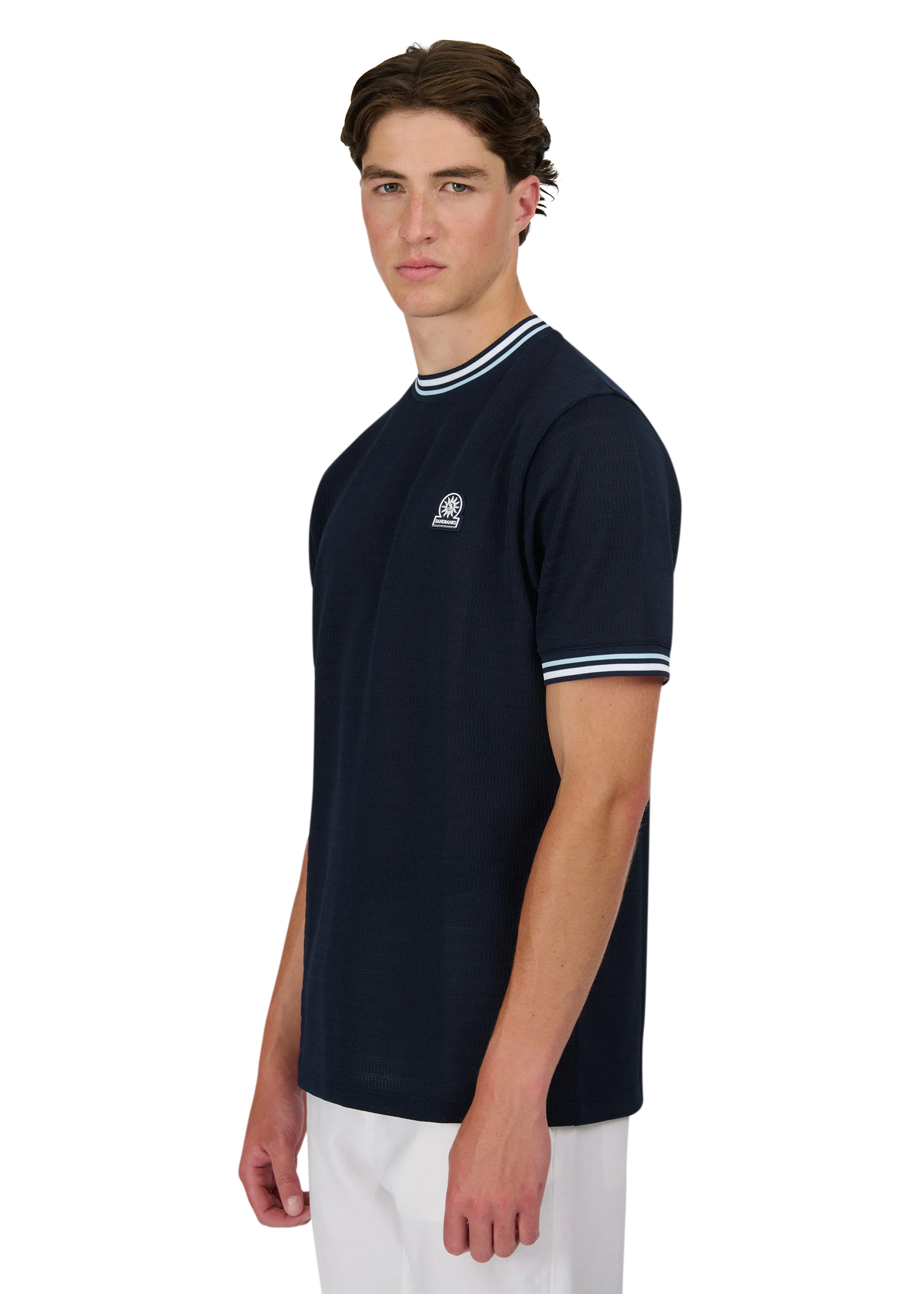 Sandbanks Jacquard T-Shirt with Striped Neck and Cuffs - Navy