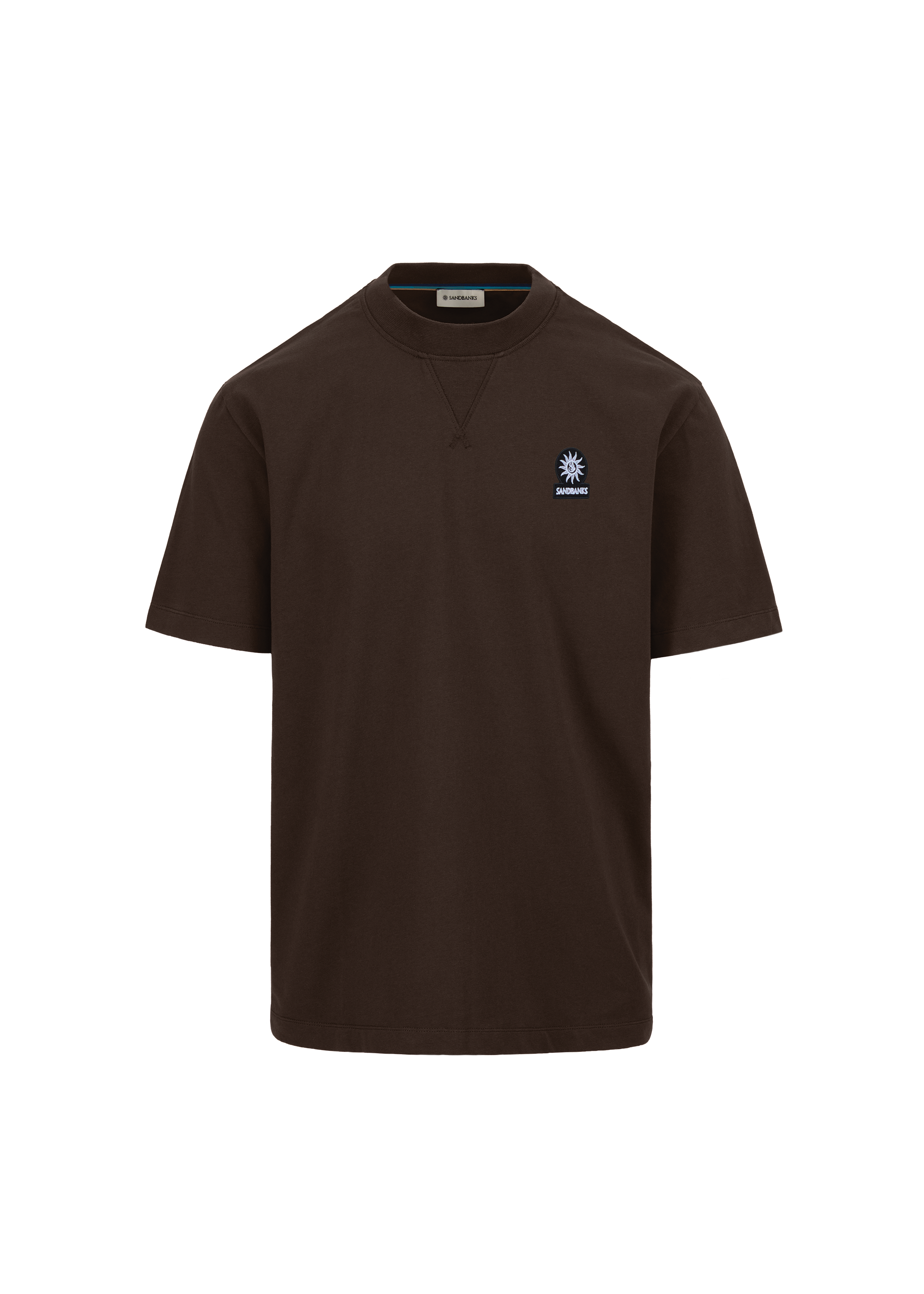Brown t-shirt with a small logo on a white background