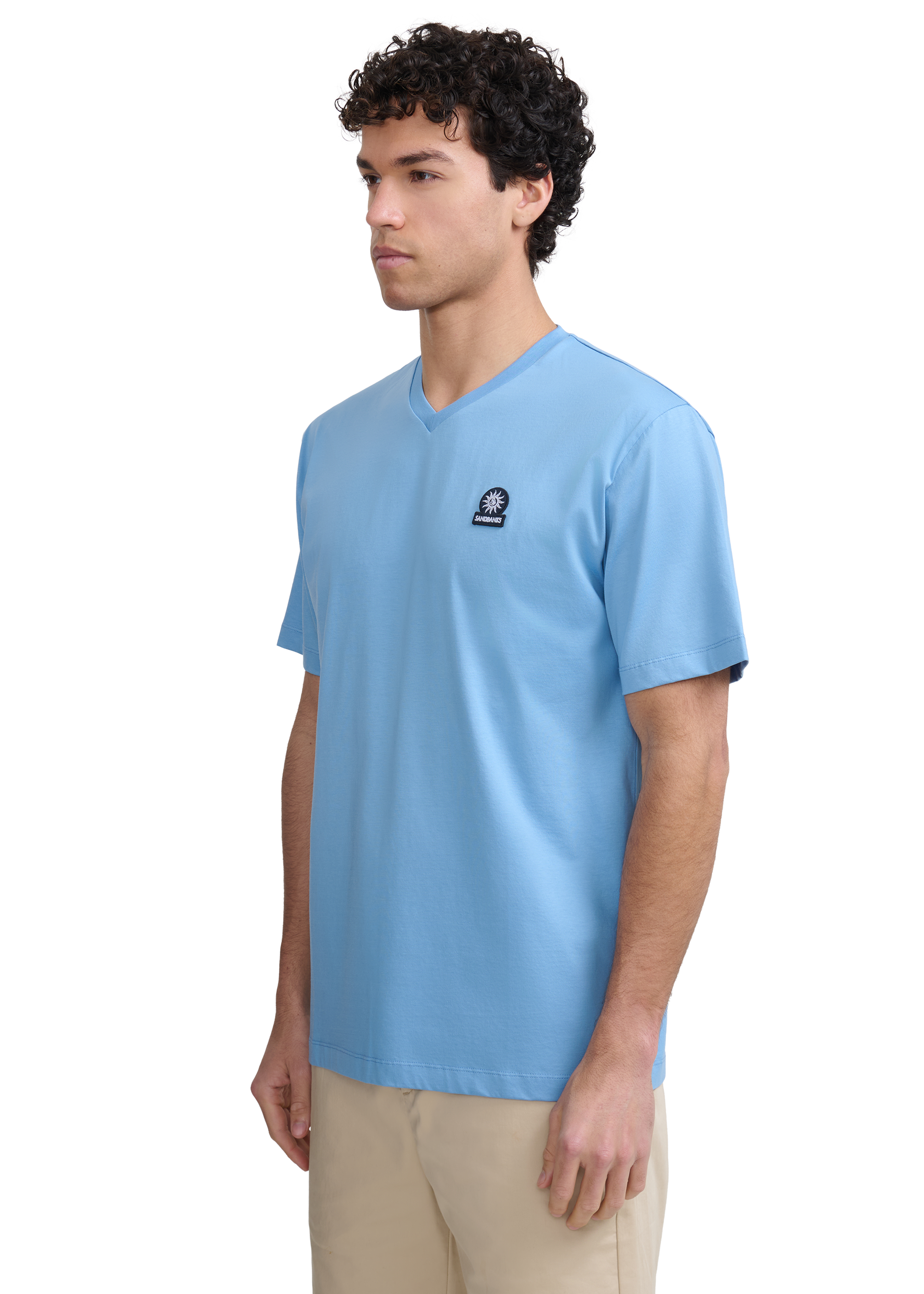 Sandbanks V-Neck Badge Logo T-Shirt - Dusty Blue