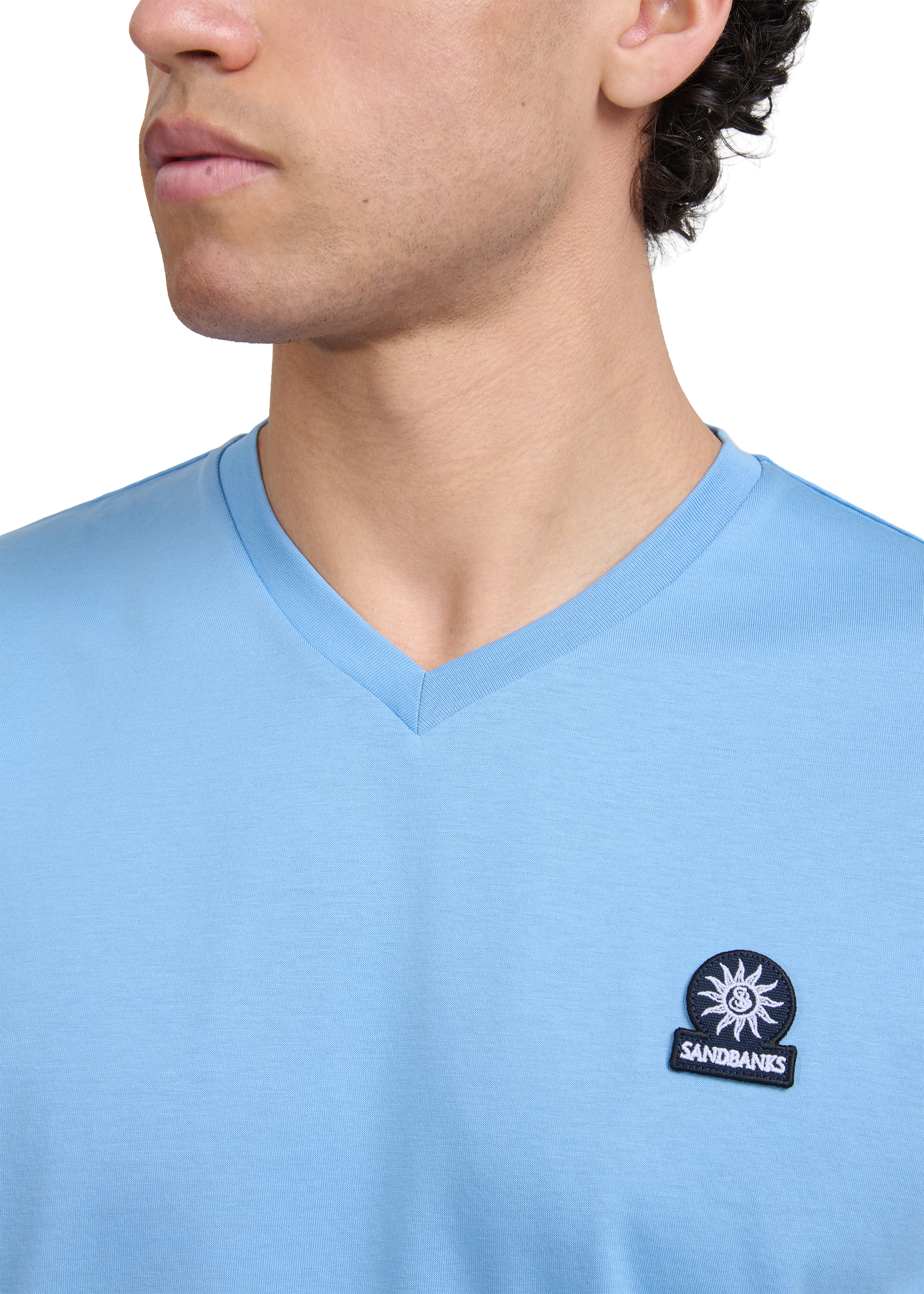 Sandbanks V-Neck Badge Logo T-Shirt - Dusty Blue