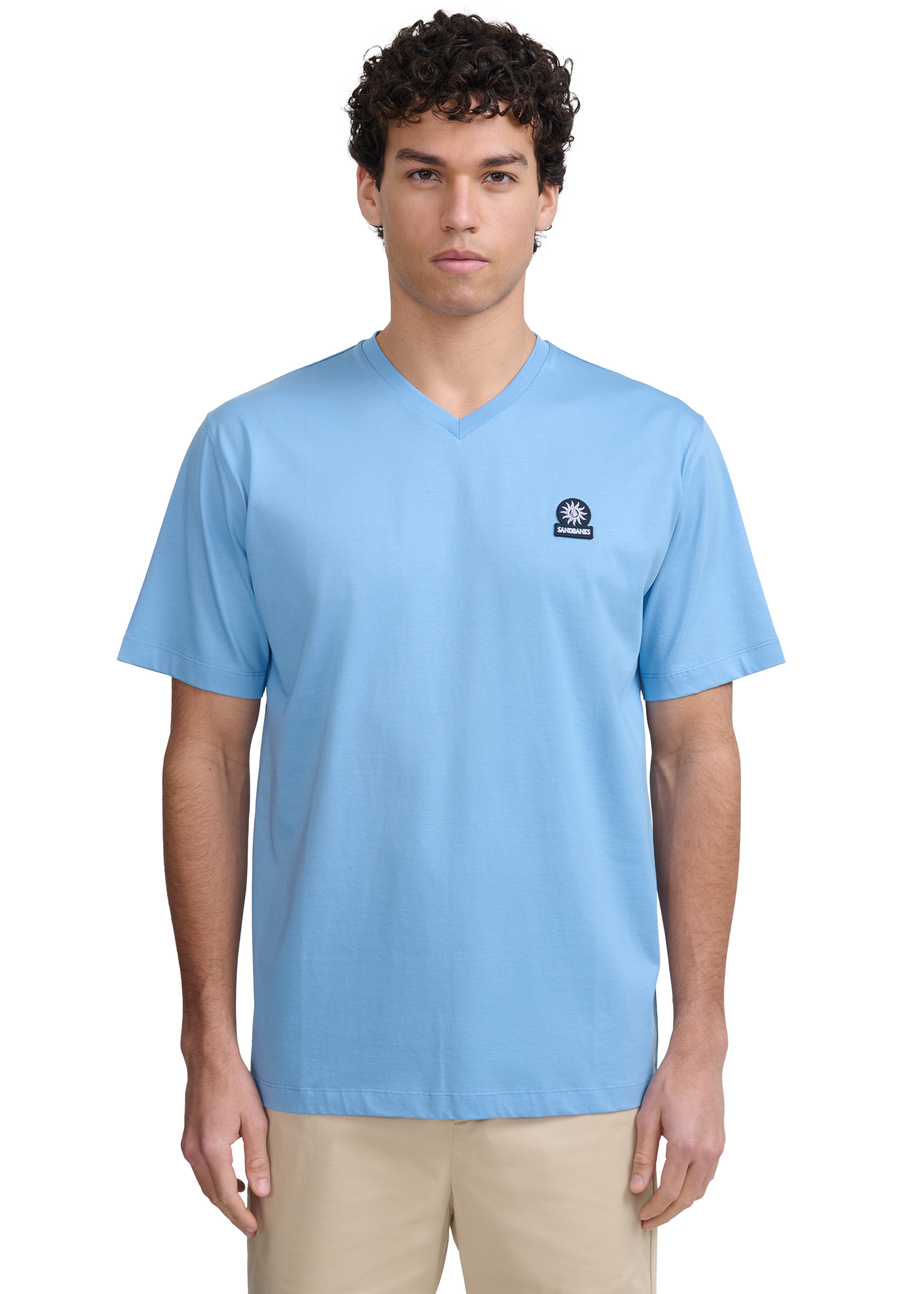 Sandbanks V-Neck Badge Logo T-Shirt - Dusty Blue