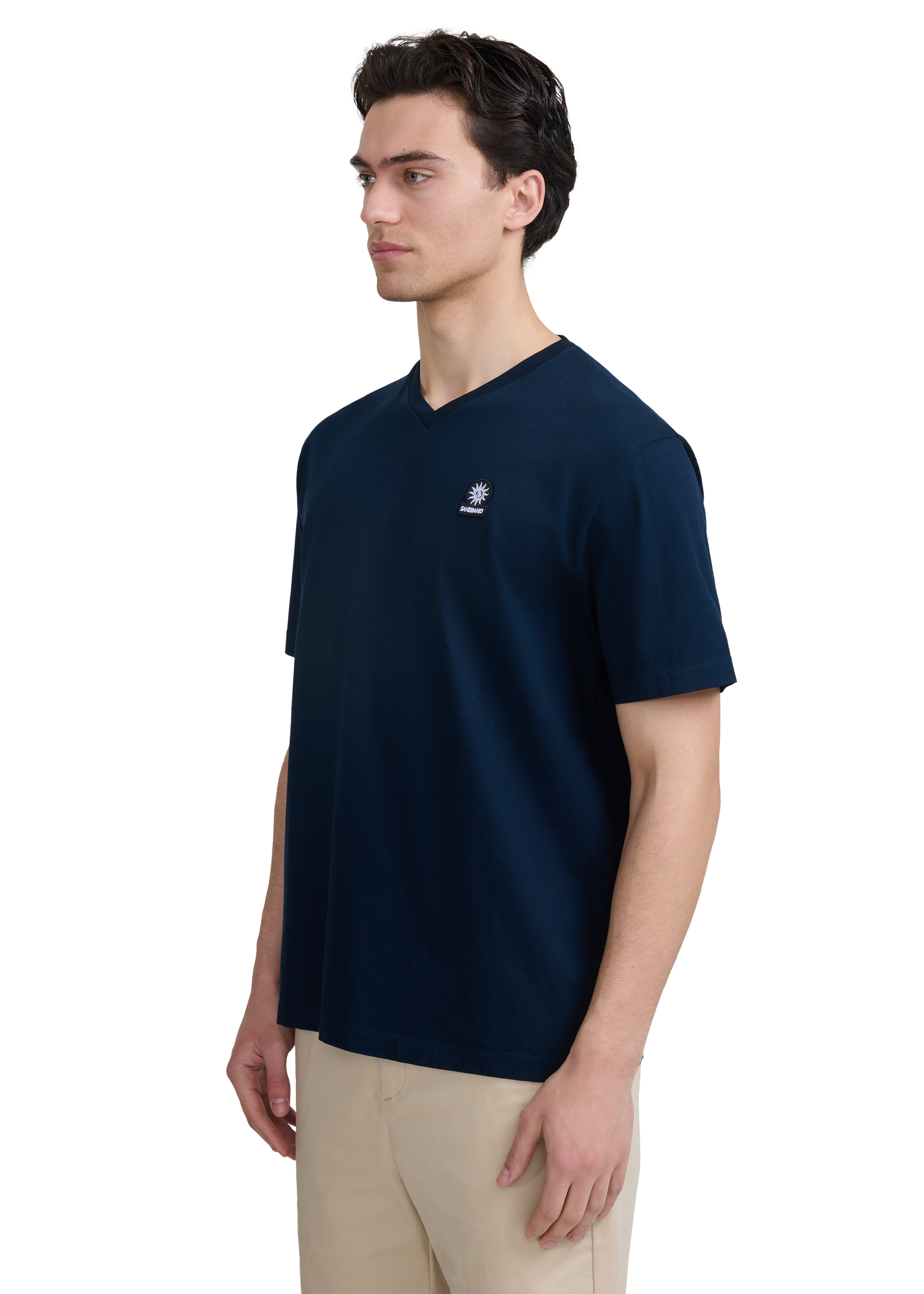Sandbanks V-Neck Badge Logo T-Shirt - Navy