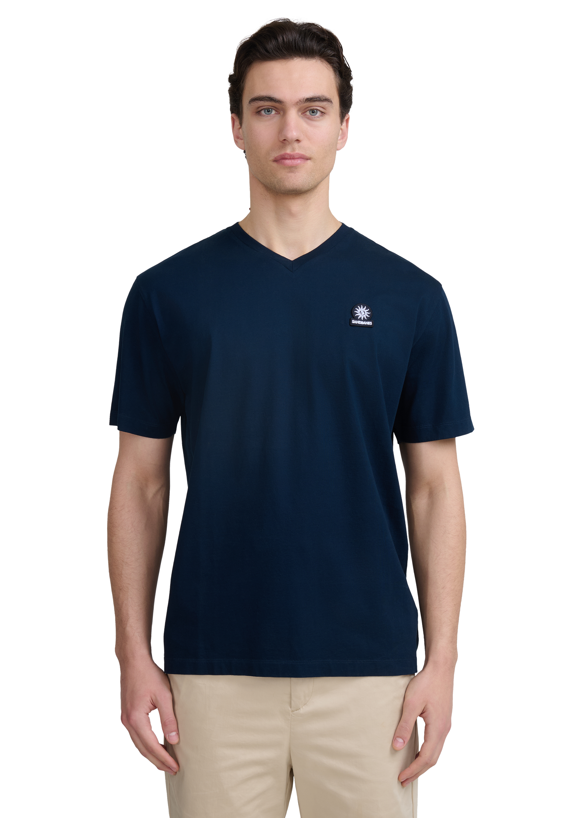 Sandbanks V-Neck Badge Logo T-Shirt - Navy