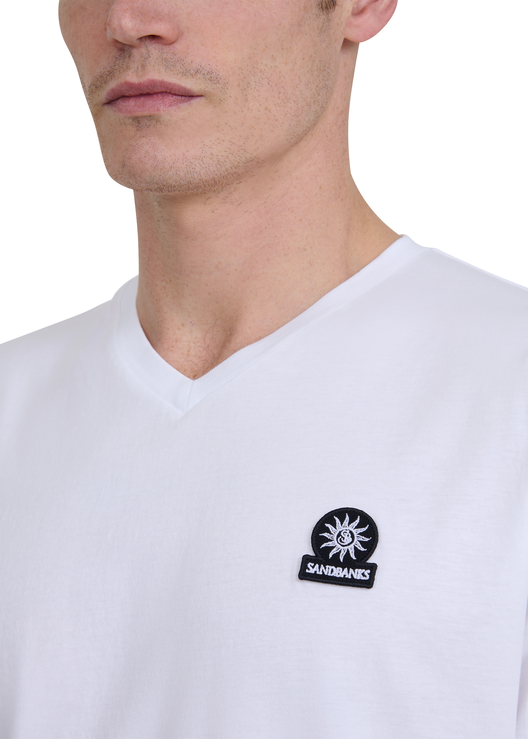 Sandbanks V-Neck Badge Logo T-Shirt - White