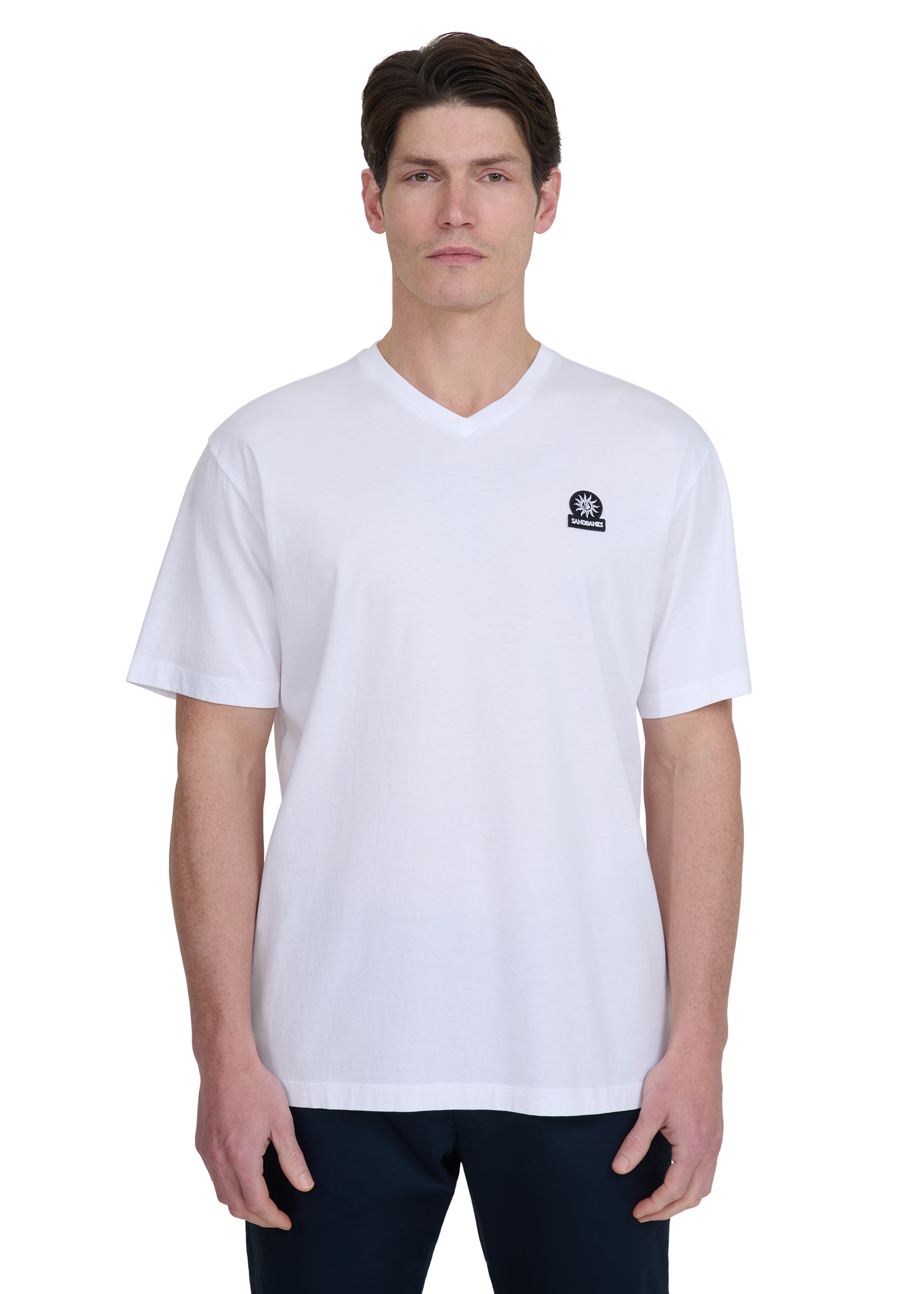 Sandbanks V-Neck Badge Logo T-Shirt - White