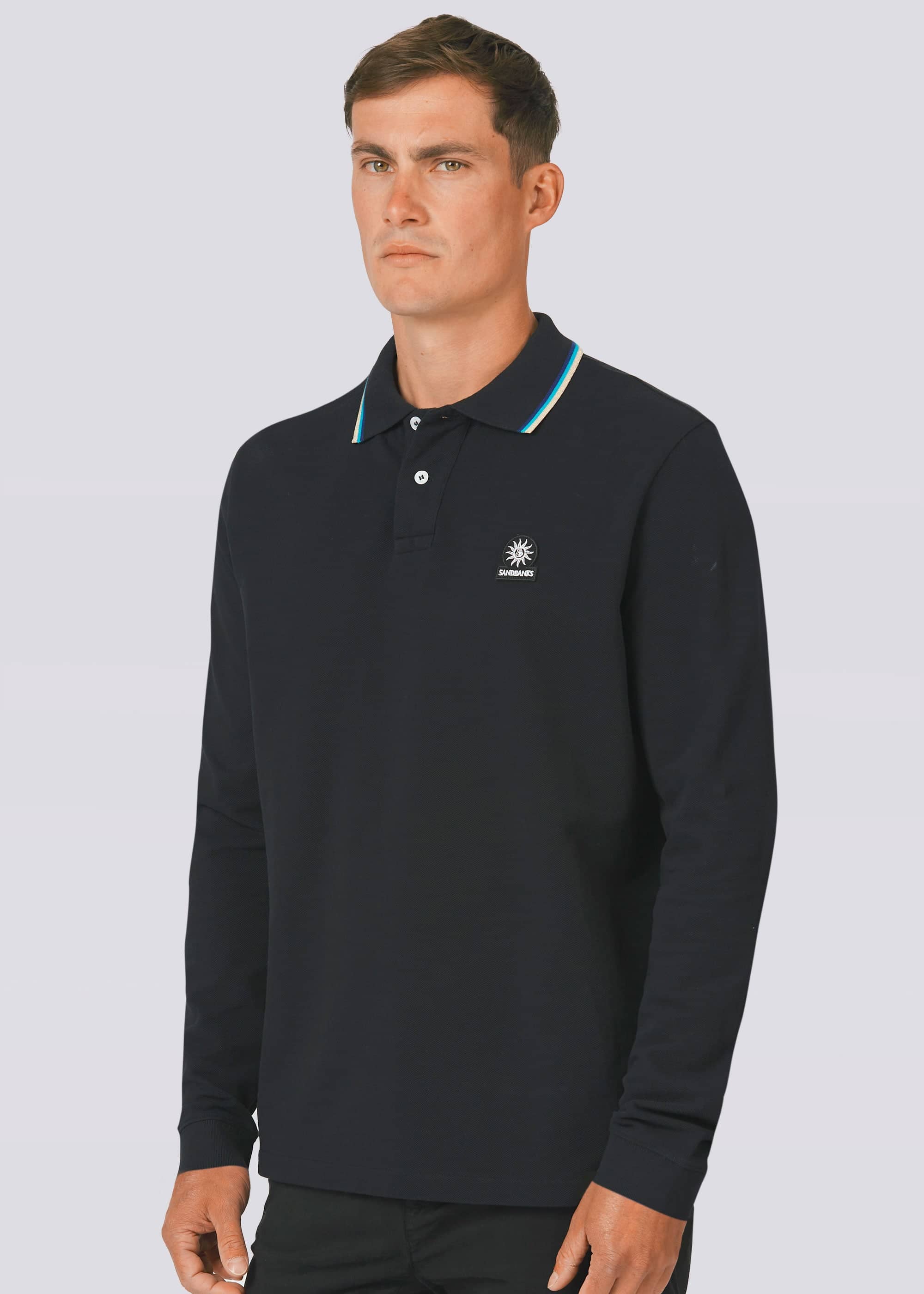 Sandbanks Badge Logo Long Sleeve Polo Shirt - Black - Sandbanks