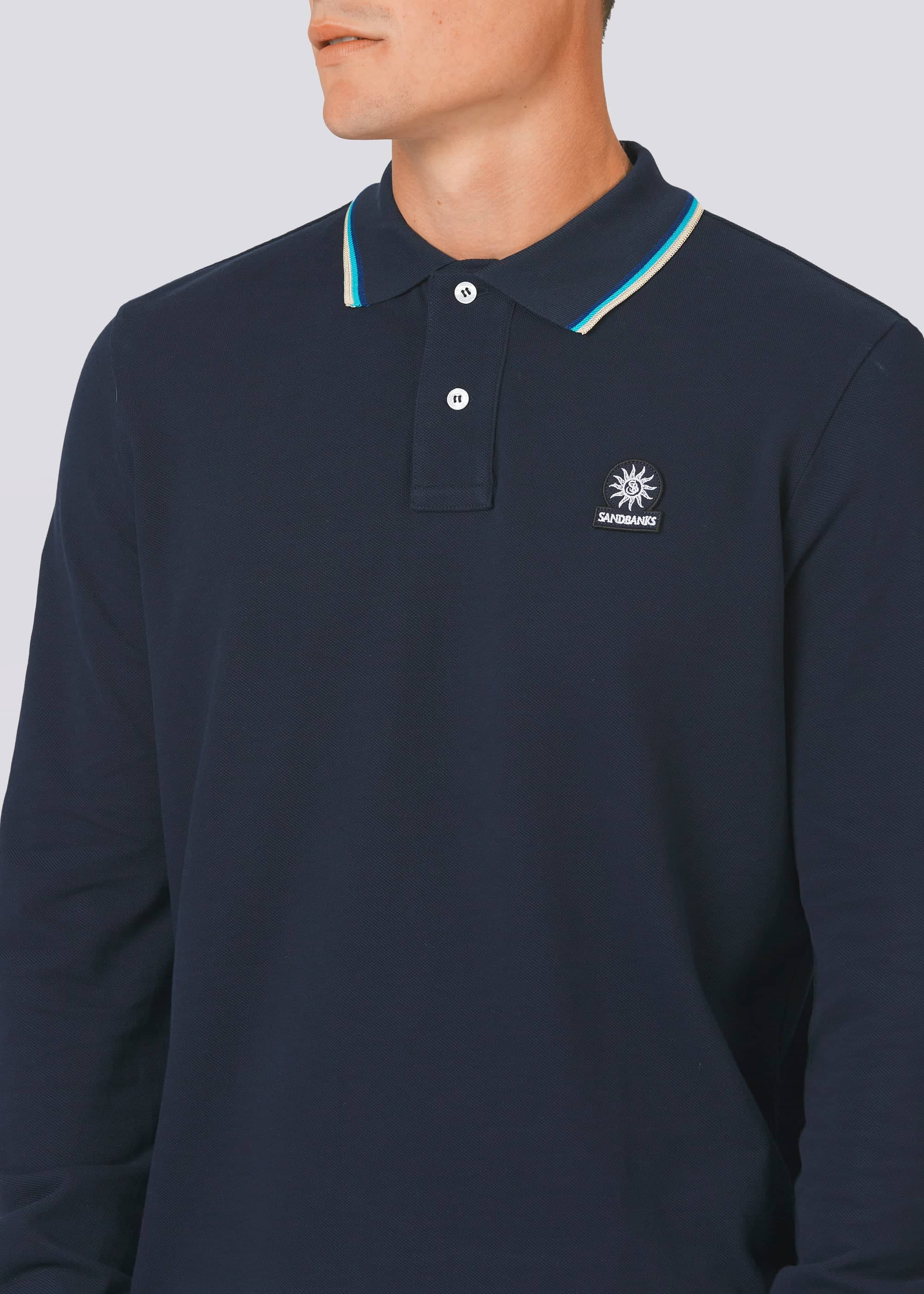 Sandbanks Badge Logo Long Sleeve Polo Shirt - Navy - Sandbanks