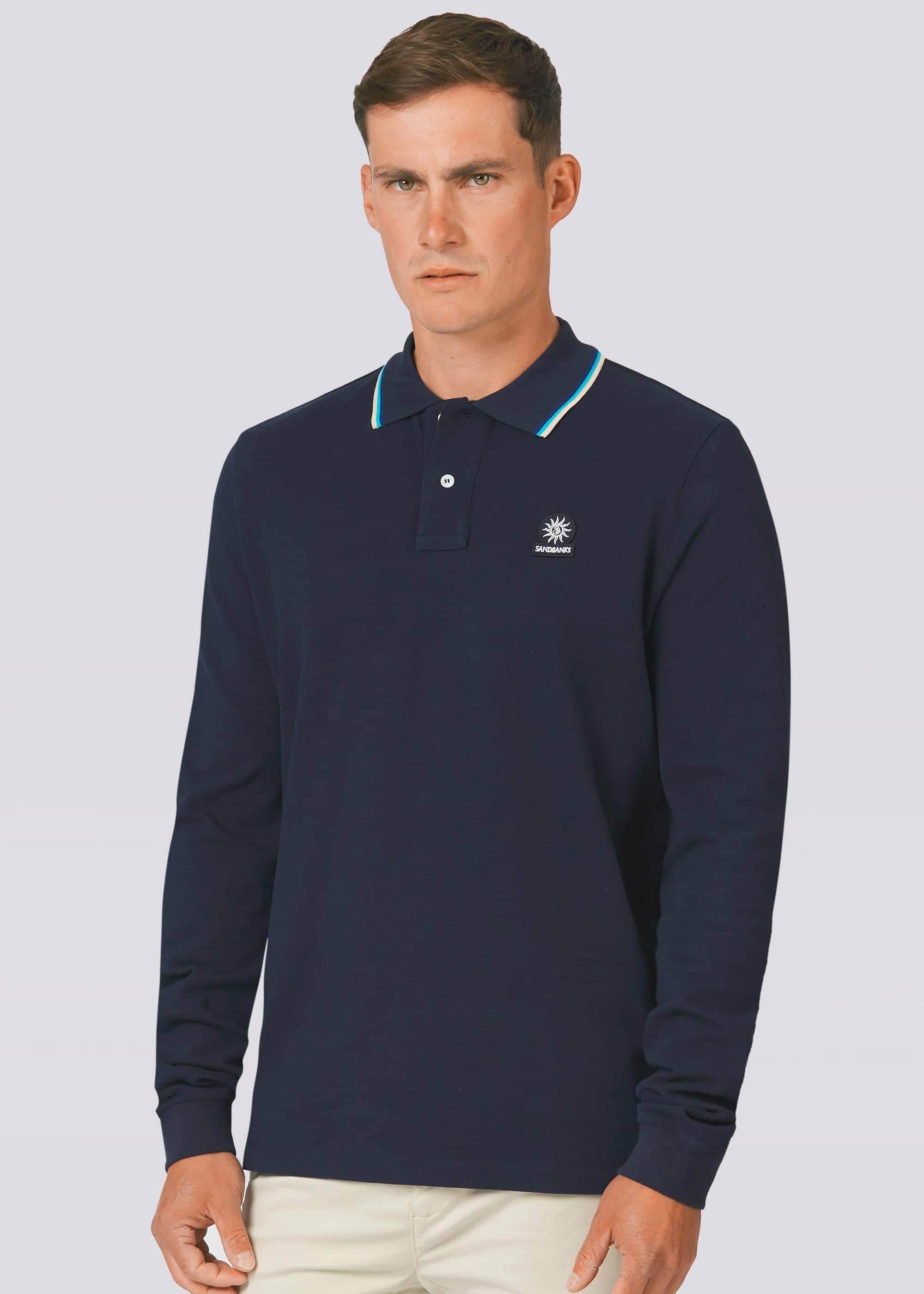 Sandbanks Badge Logo Long Sleeve Polo Shirt - Navy - Sandbanks