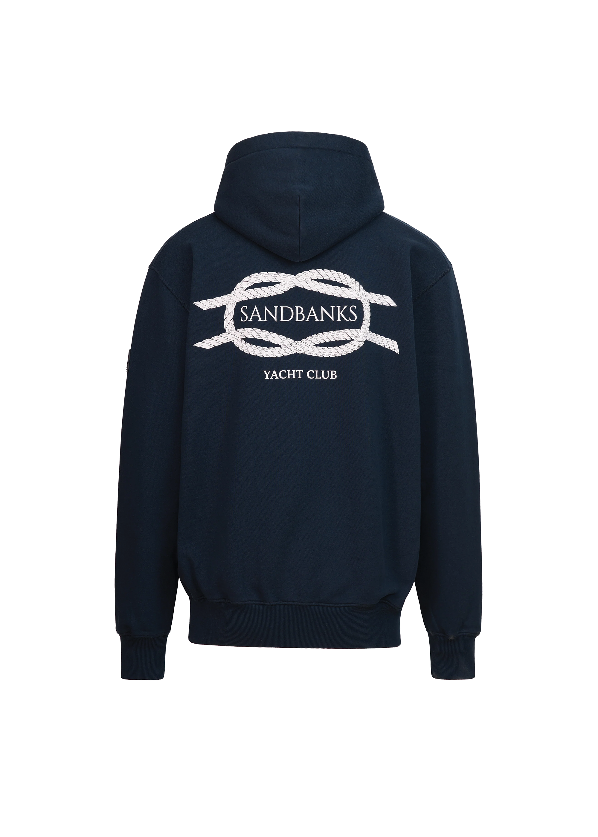 Navy hoodie with 'Sandbanks Yacht Club' logo on the back against a white background