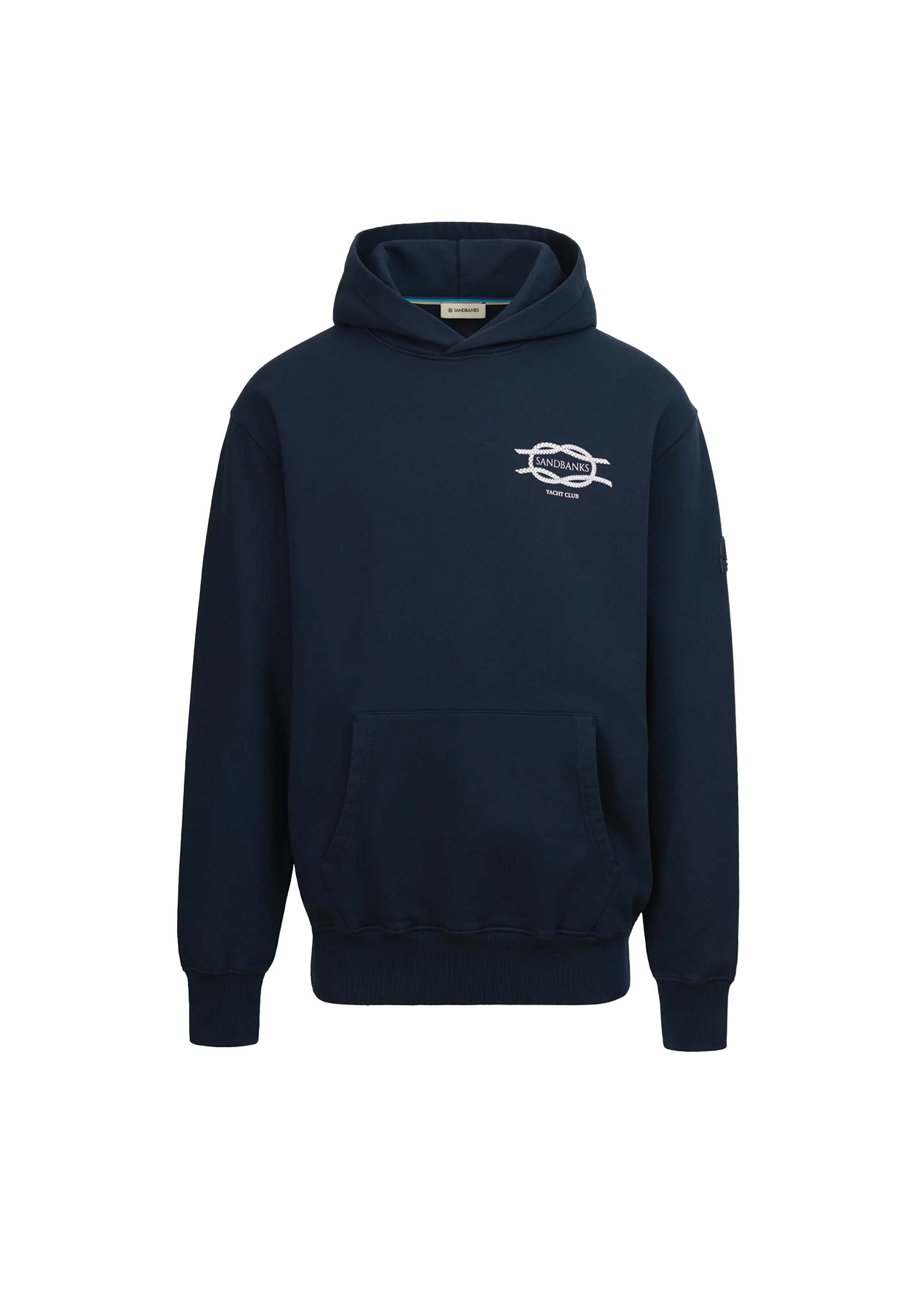 Navy hoodie with a logo on the chest against a white background