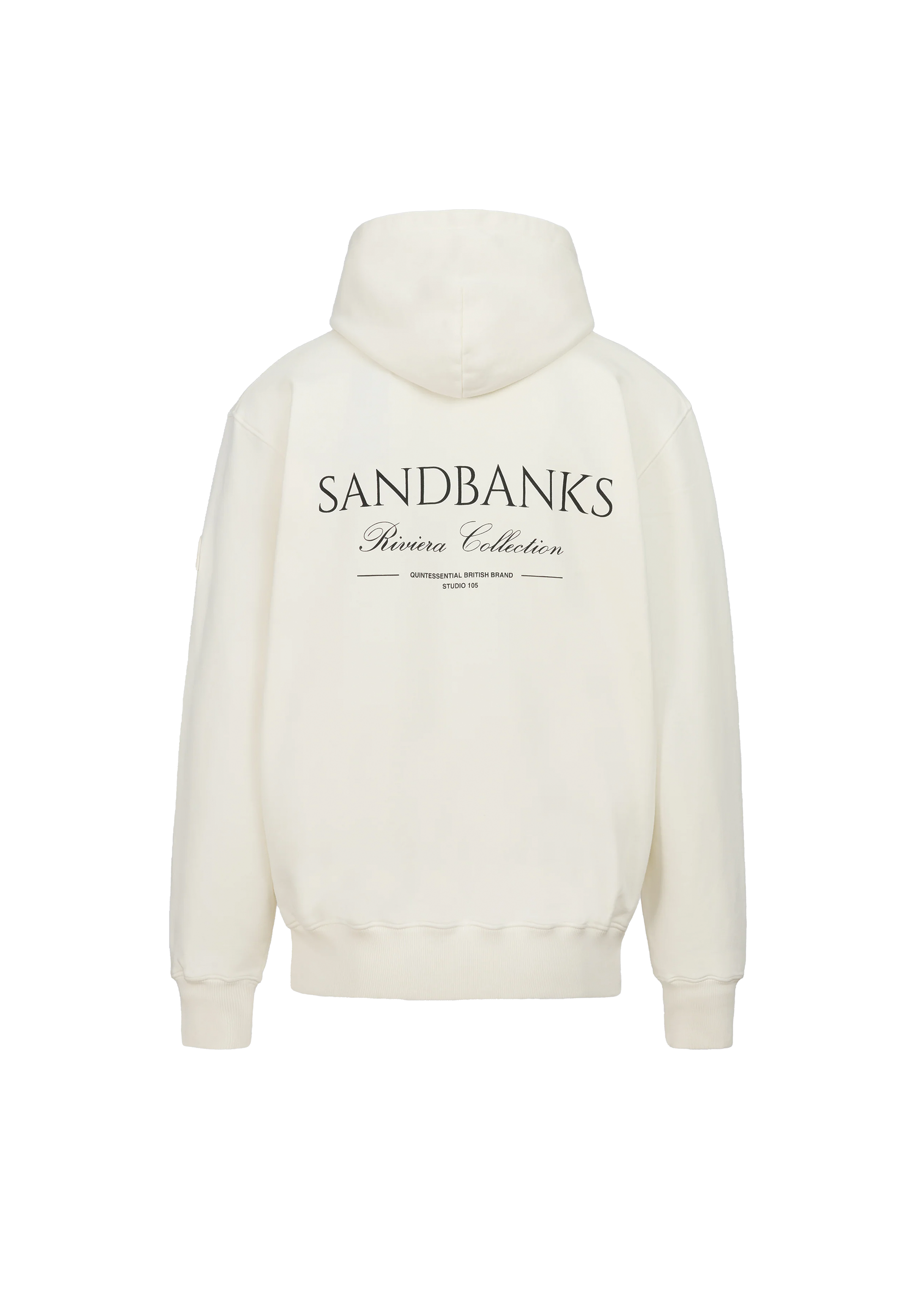 White hoodie with 'Sandbanks' logo on a white background