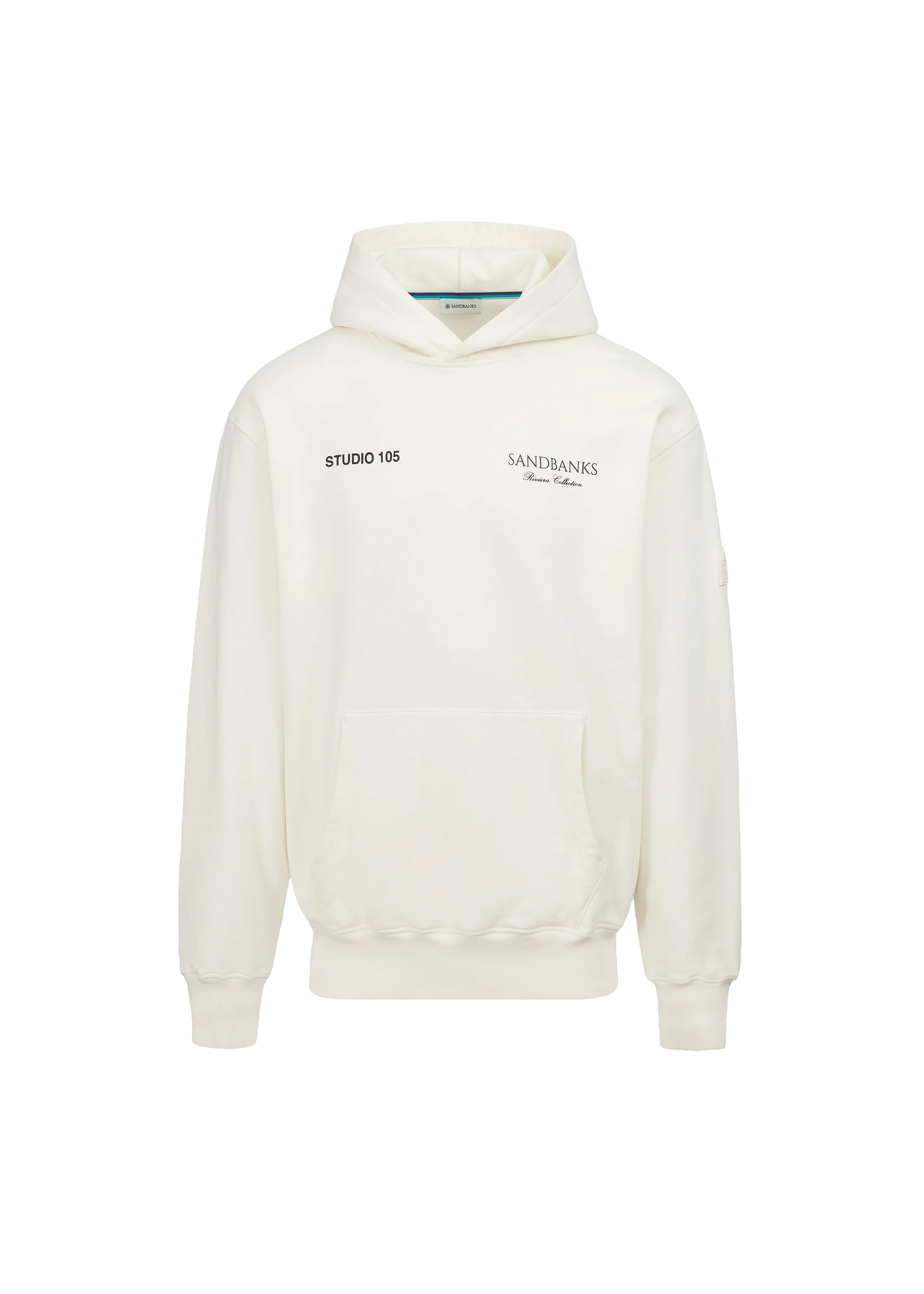White hoodie with branding on a white background