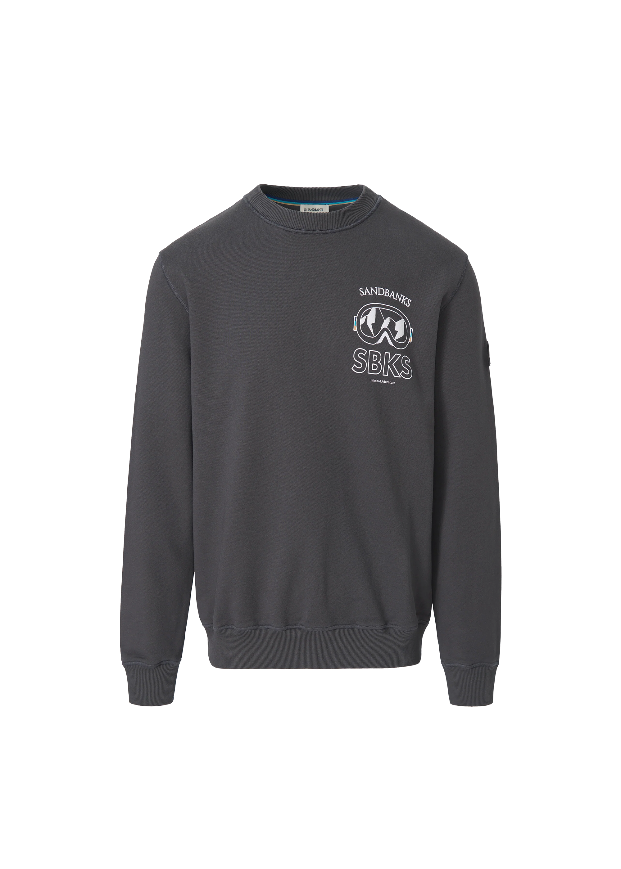 Dark gray sweatshirt with logo and text on a white background