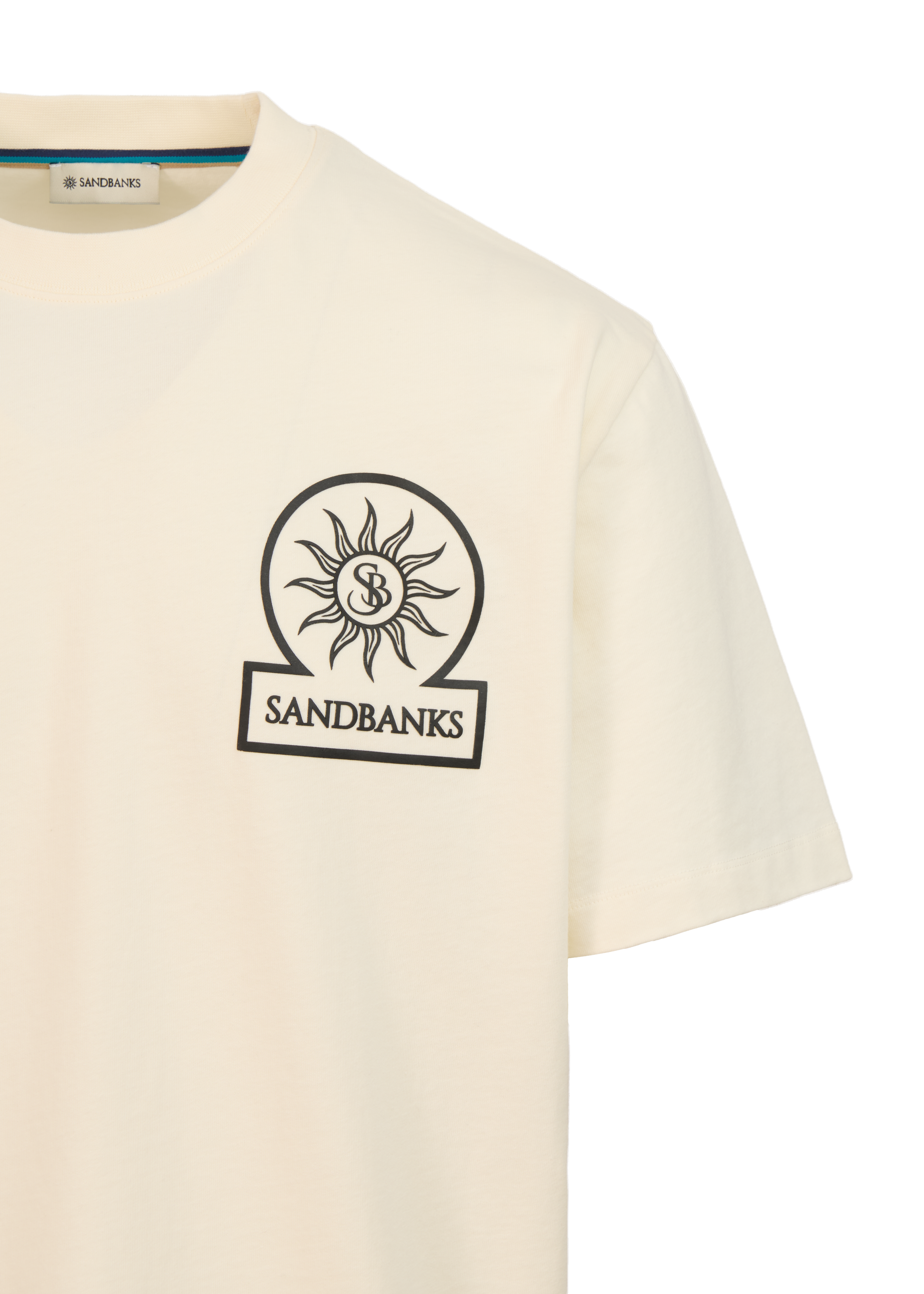 Beige t-shirt with Sandbanks logo on a white background
