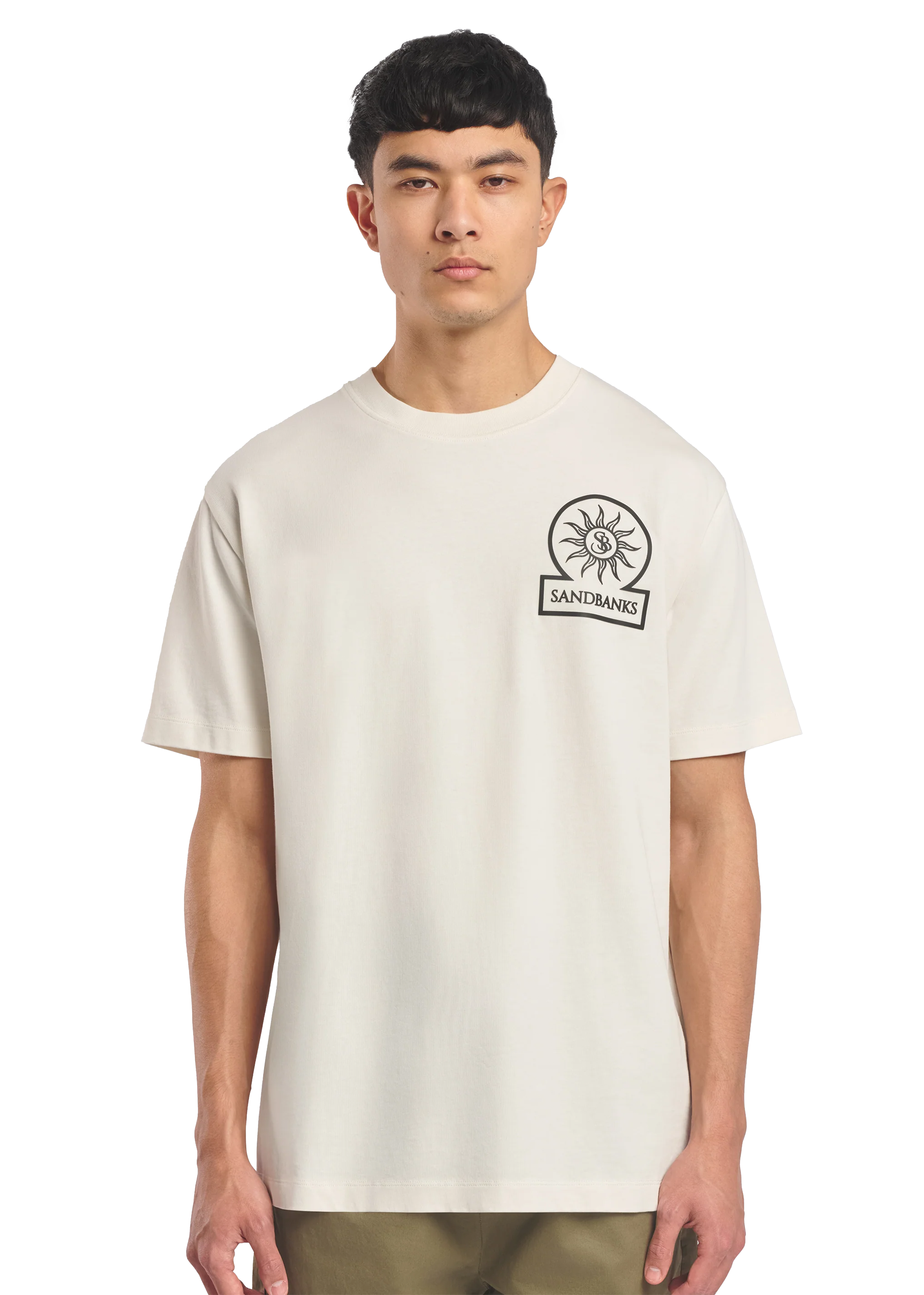Model wearing a beige t-shirt with a logo on a white background