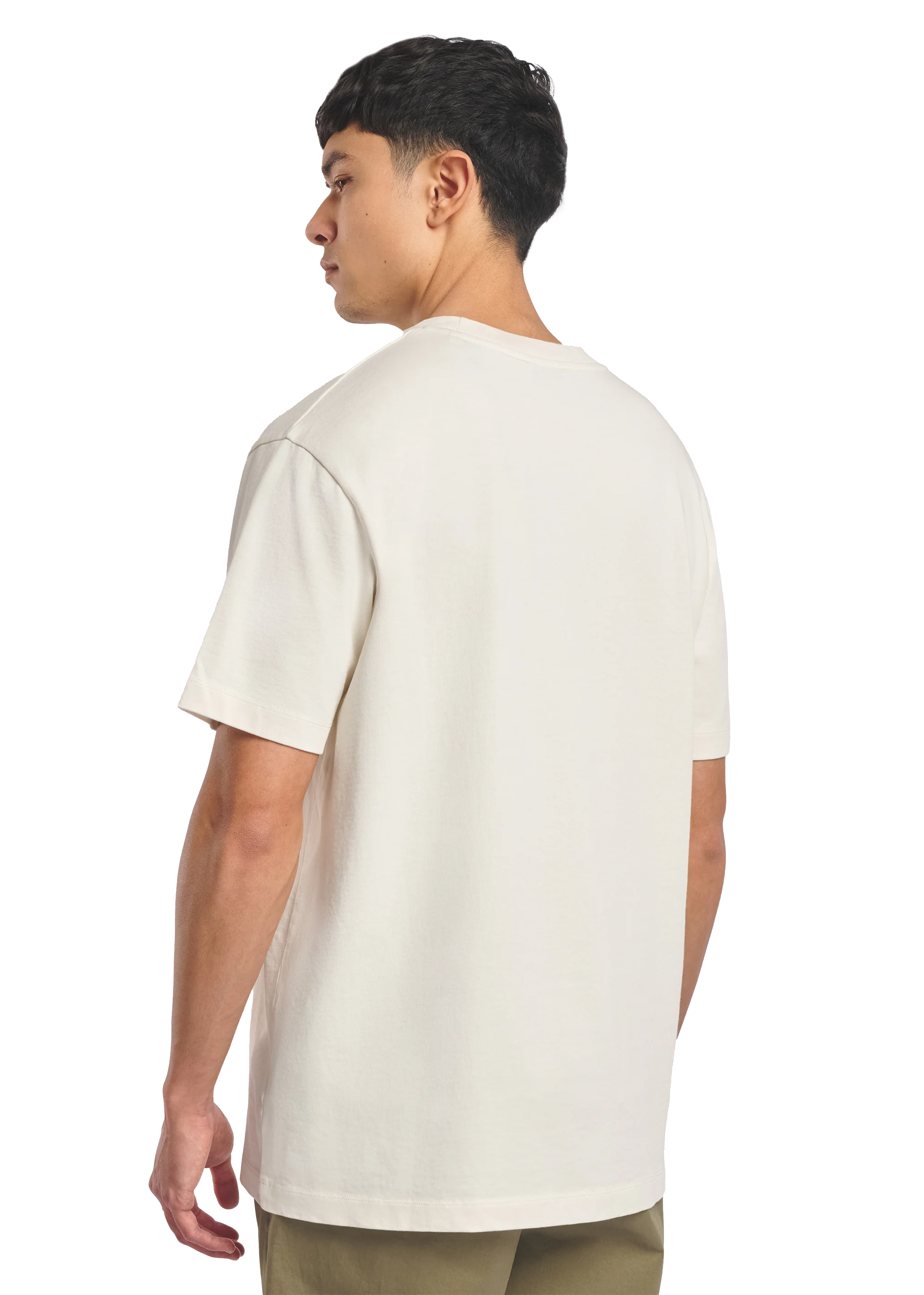 Model wearing a plain white t-shirt on a white background